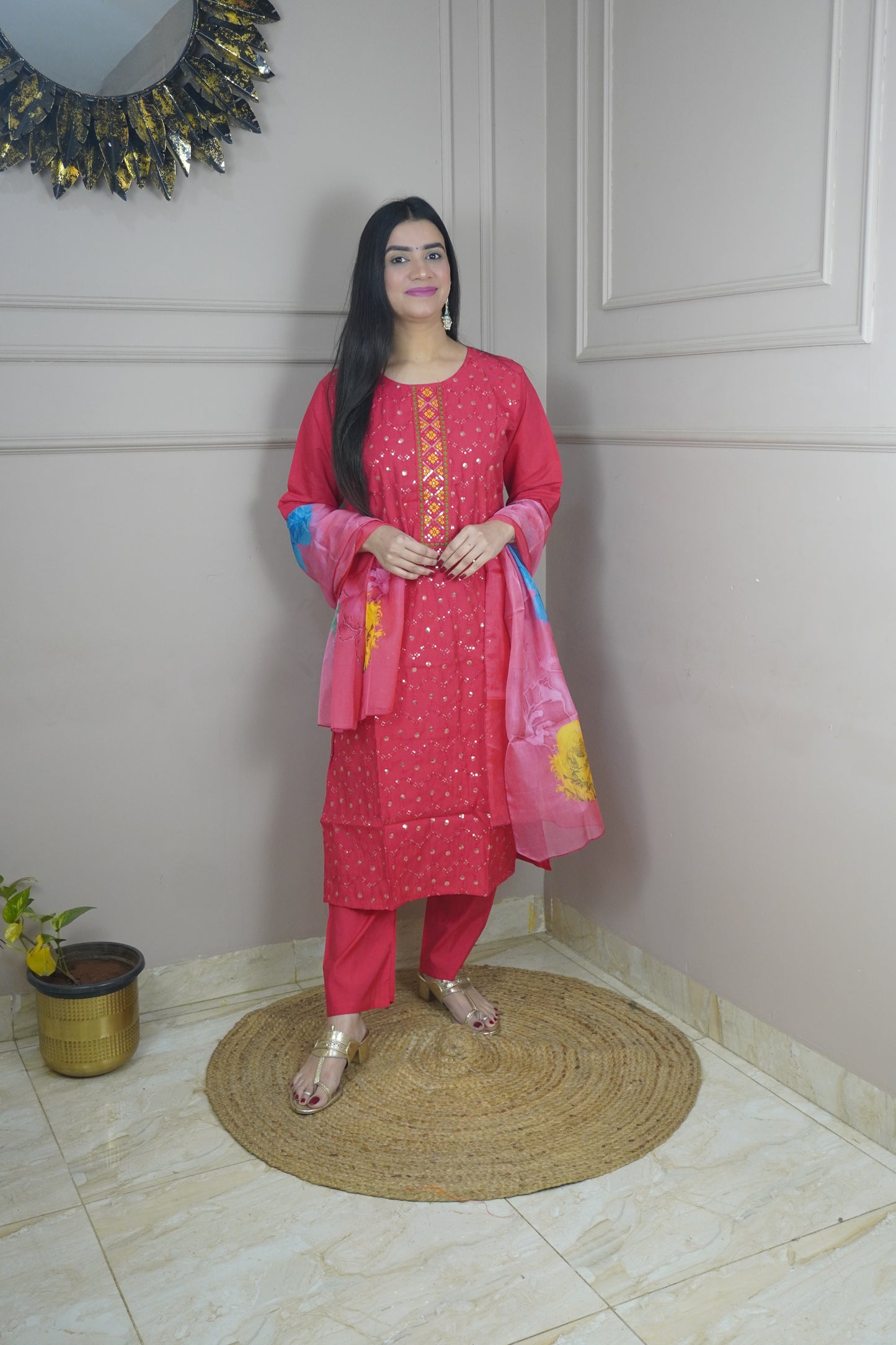 Magenta colour Sequence chikankari work Kurta with Pant and Printed Dupatta