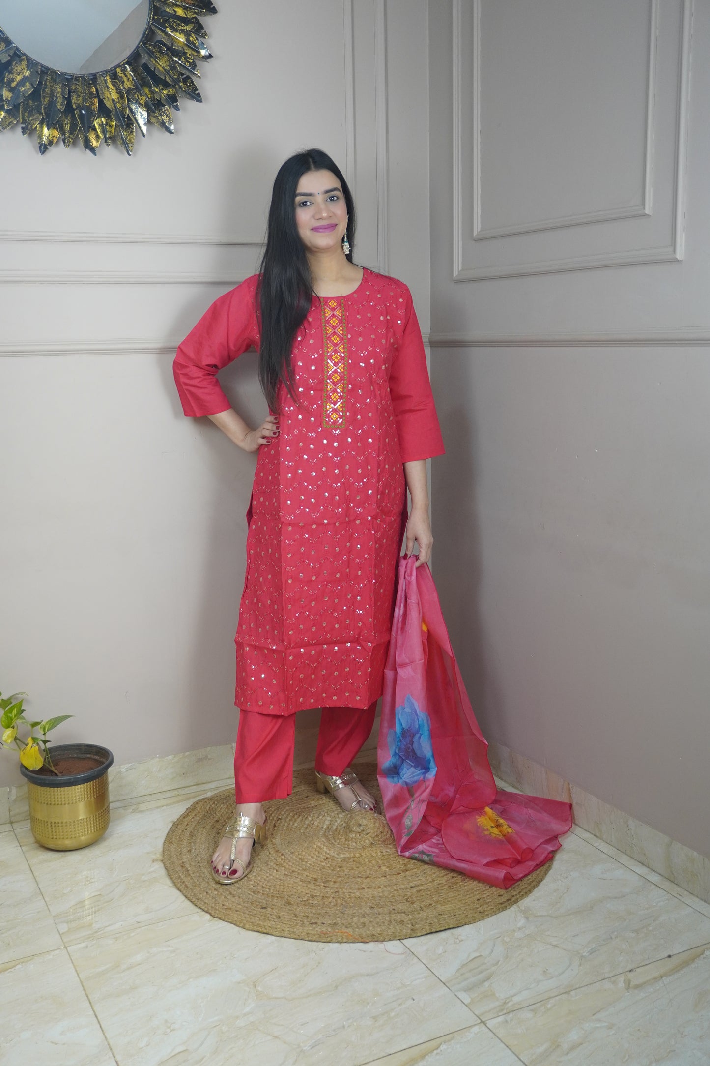 Magenta colour Sequence chikankari work Kurta with Pant and Printed Dupatta