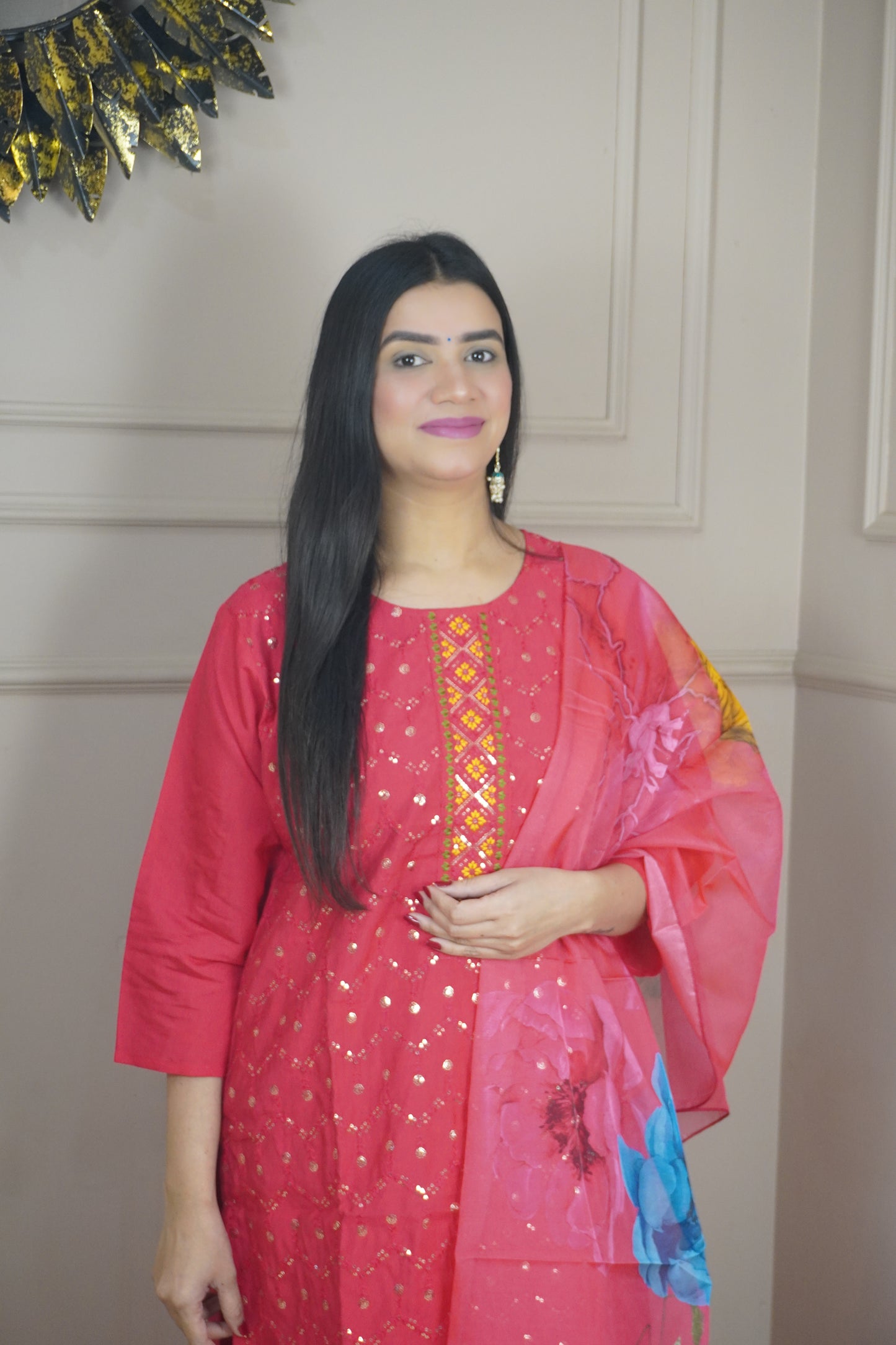 Magenta colour Sequence chikankari work Kurta with Pant and Printed Dupatta