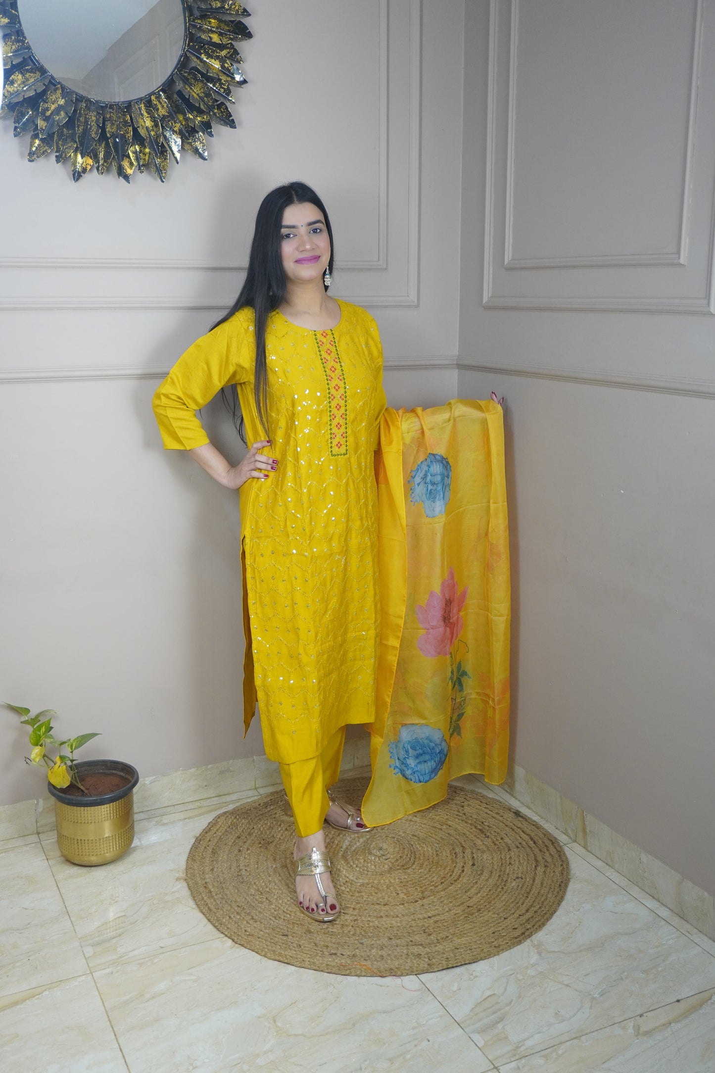 Mustard Yellow colour Sequence chikankari work Kurta with Pant and Printed Dupatta
