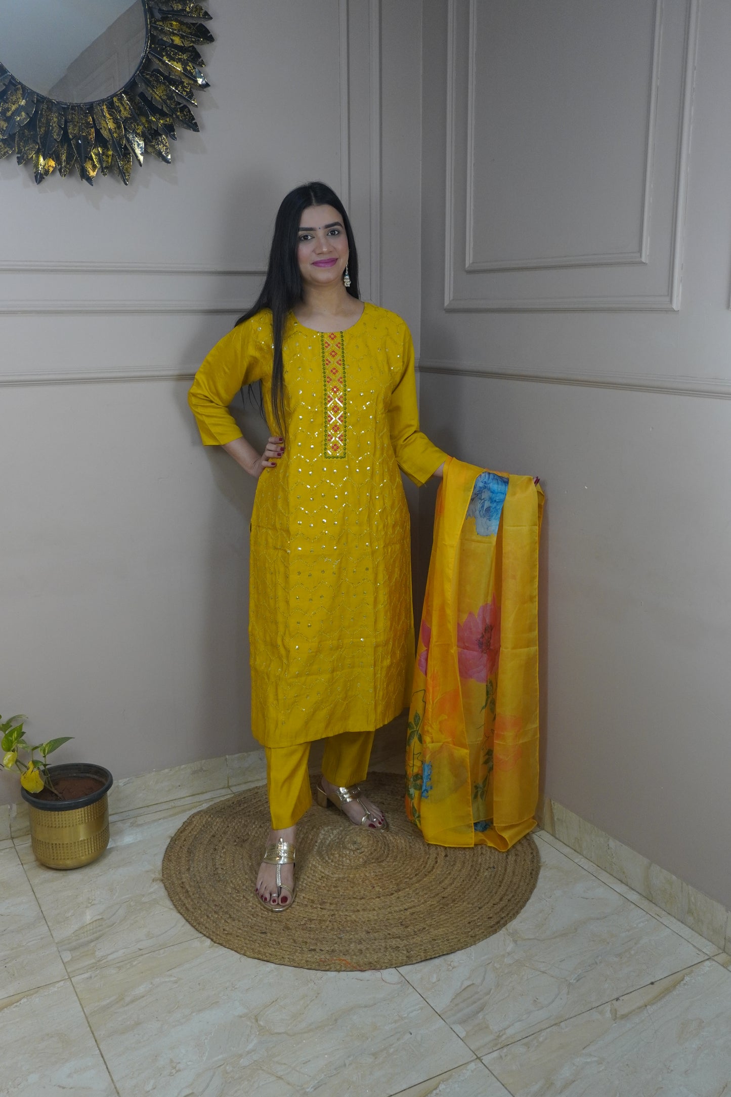 Mustard Yellow colour Sequence chikankari work Kurta with Pant and Printed Dupatta