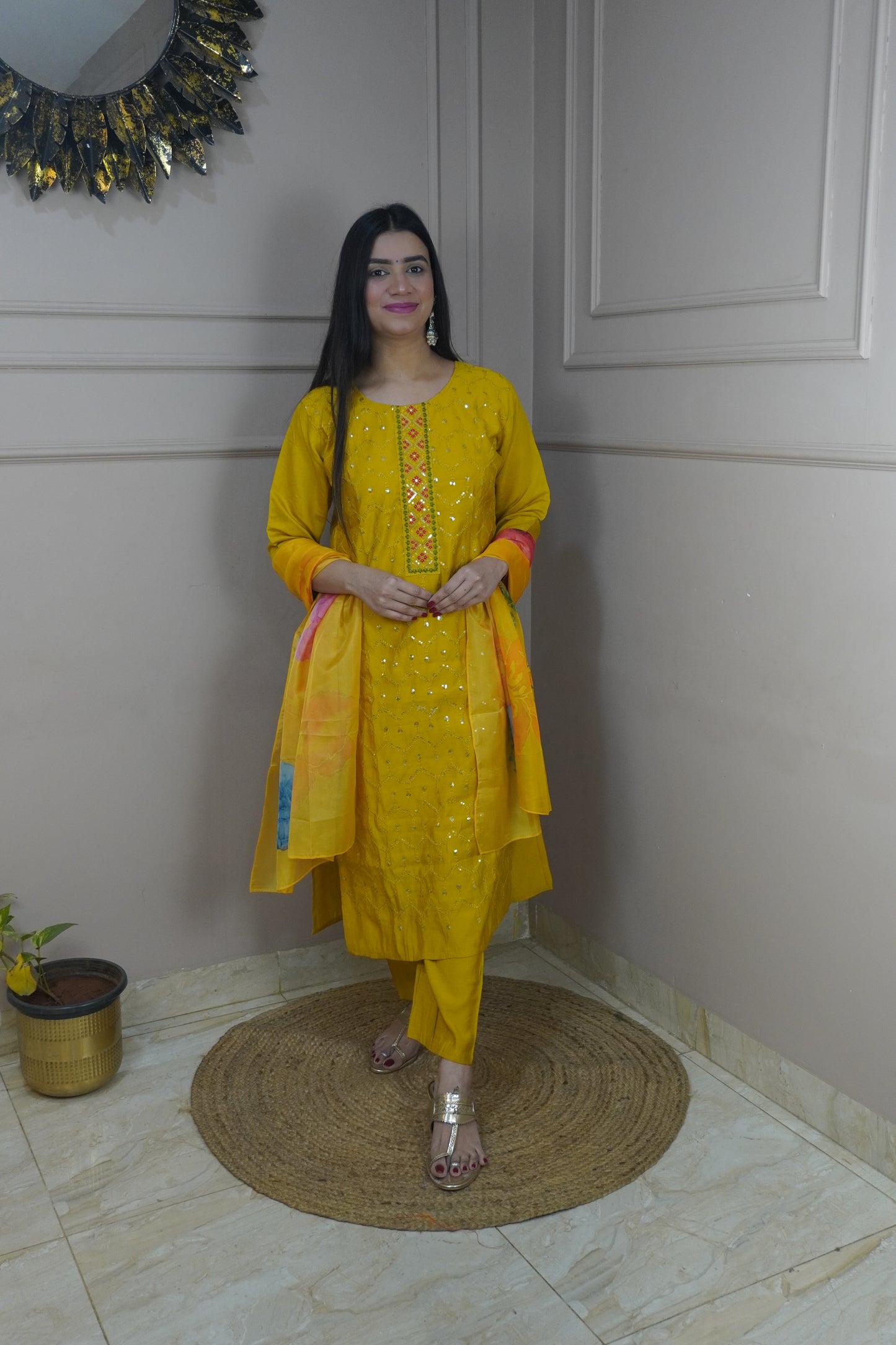 Mustard Yellow colour Sequence chikankari work Kurta with Pant and Printed Dupatta