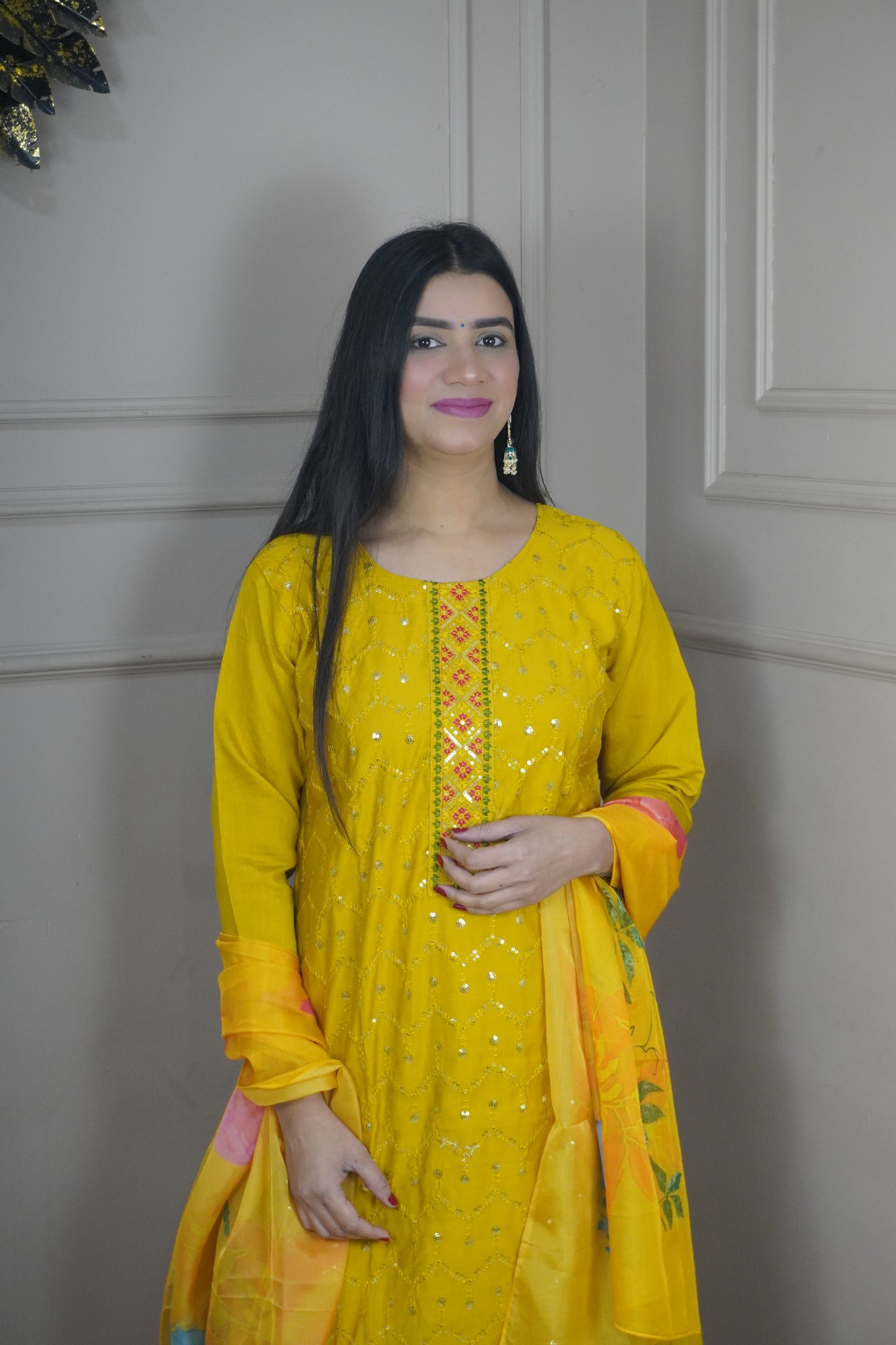 Mustard Yellow colour Sequence chikankari work Kurta with Pant and Printed Dupatta