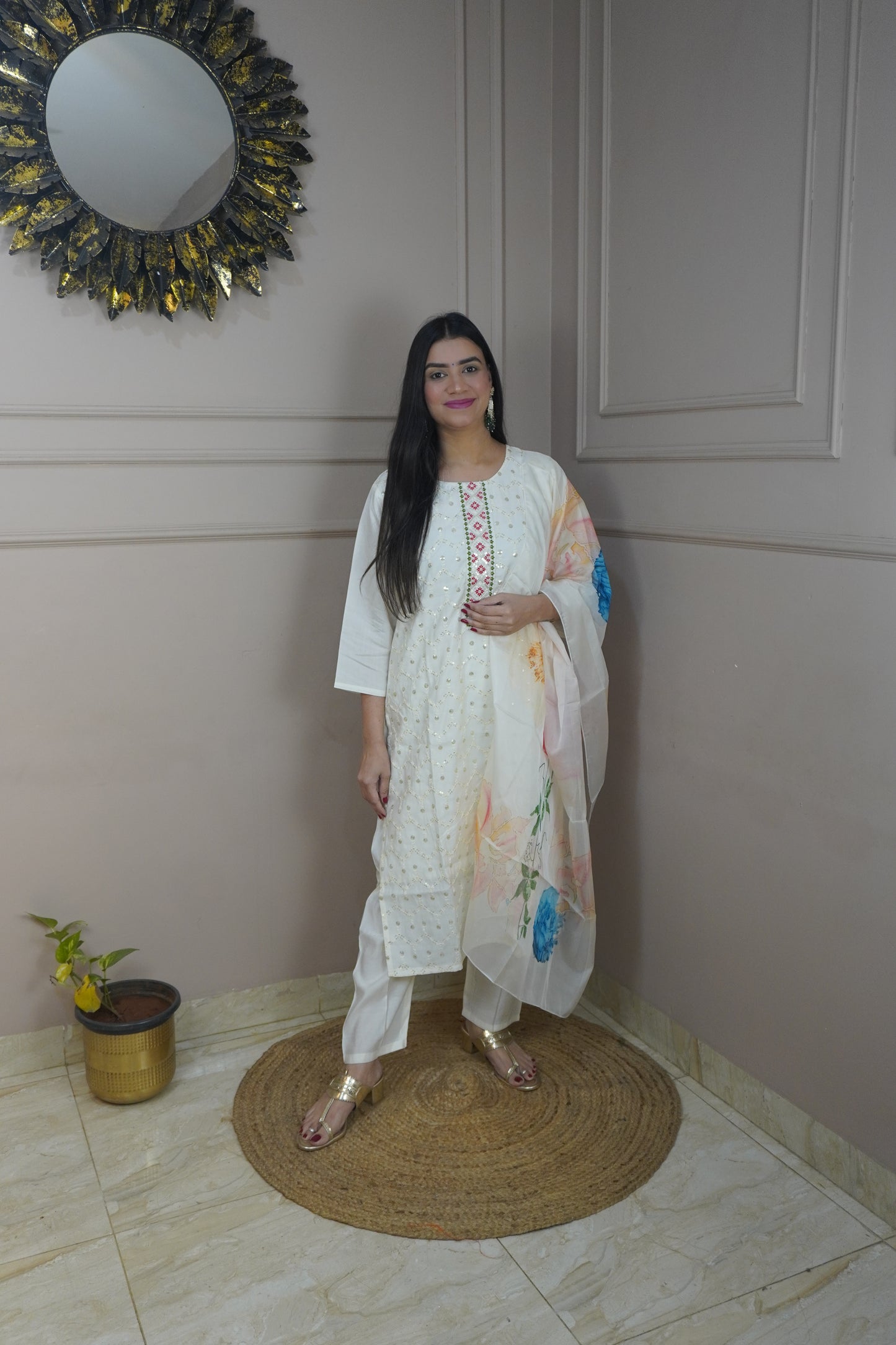 Off White colour Sequence chikankari work Kurta with Pant and Printed Dupatta