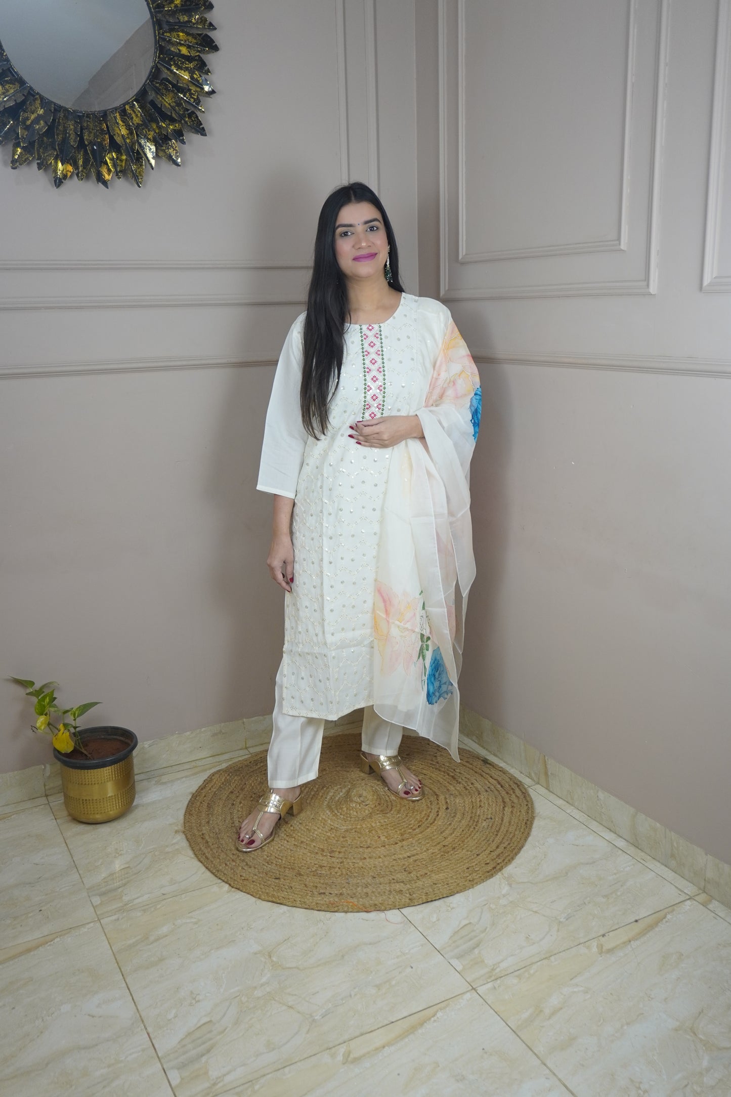 Off White colour Sequence chikankari work Kurta with Pant and Printed Dupatta