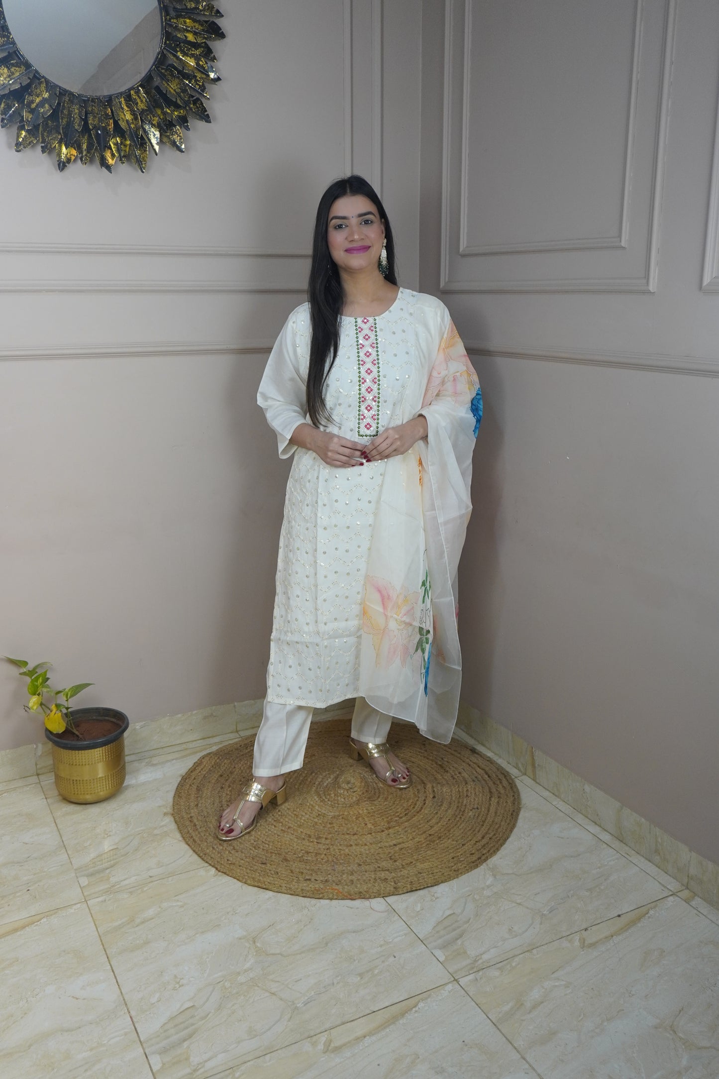 Off White colour Sequence chikankari work Kurta with Pant and Printed Dupatta