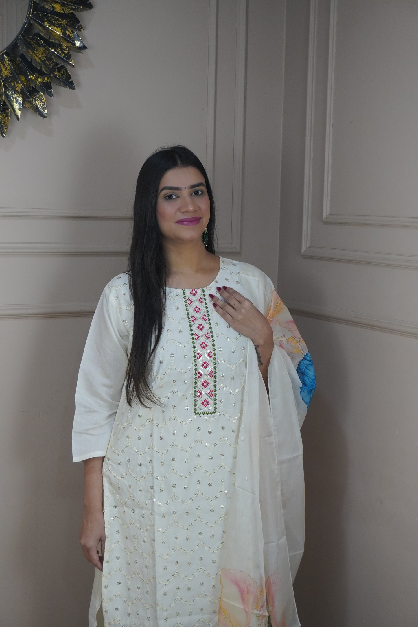Off White colour Sequence chikankari work Kurta with Pant and Printed Dupatta