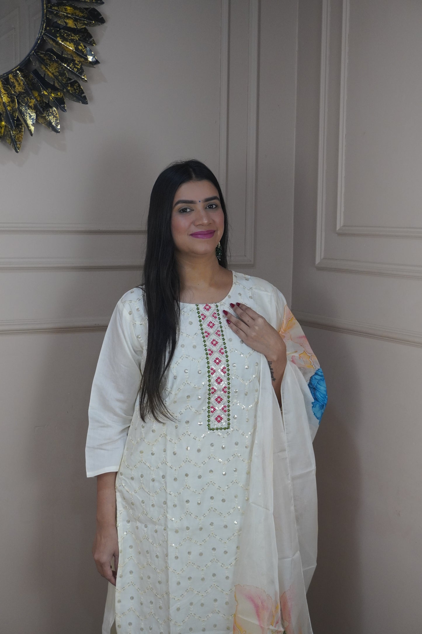 Off White colour Sequence chikankari work Kurta with Pant and Printed Dupatta