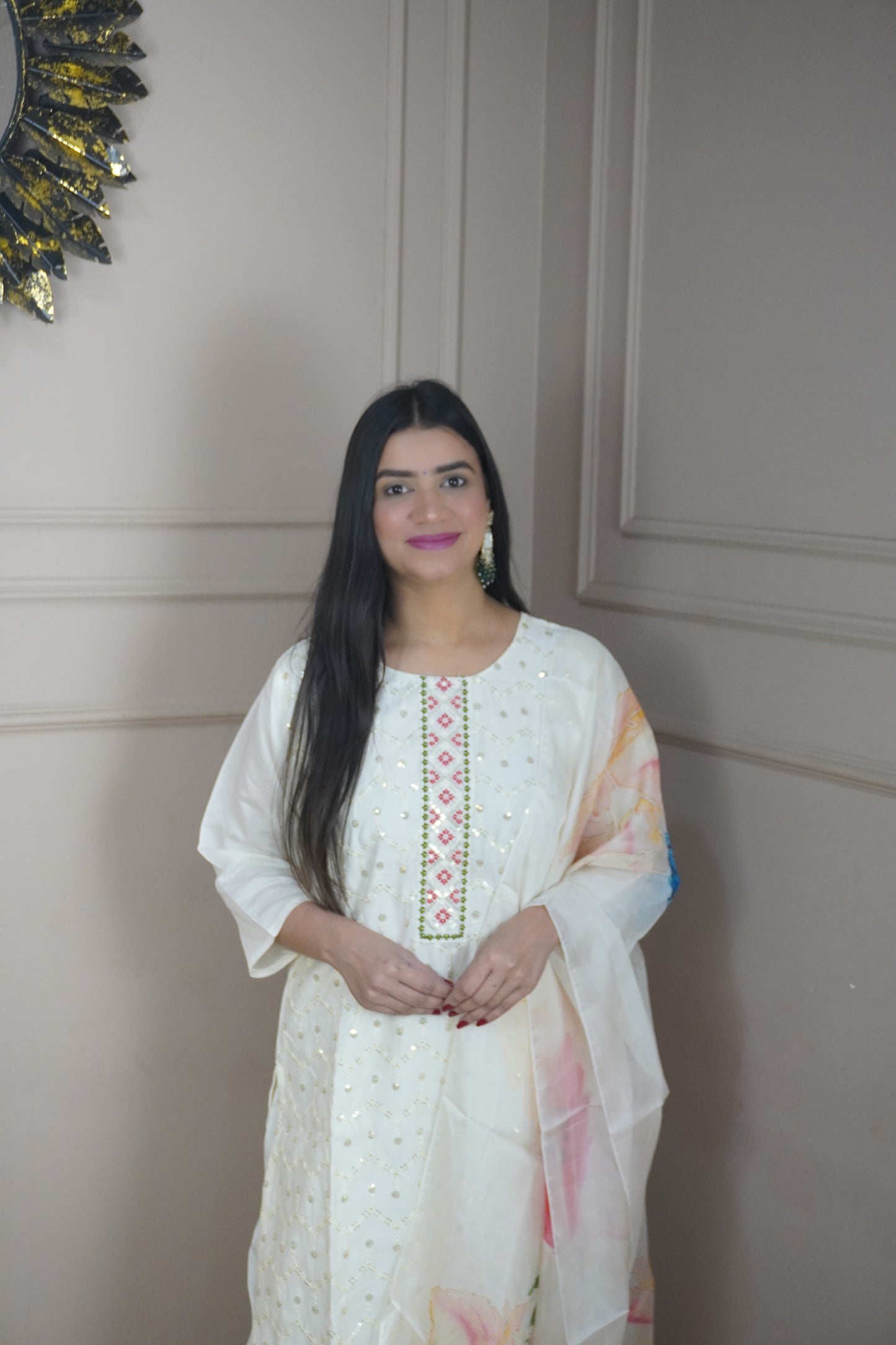 Off White colour Sequence chikankari work Kurta with Pant and Printed Dupatta