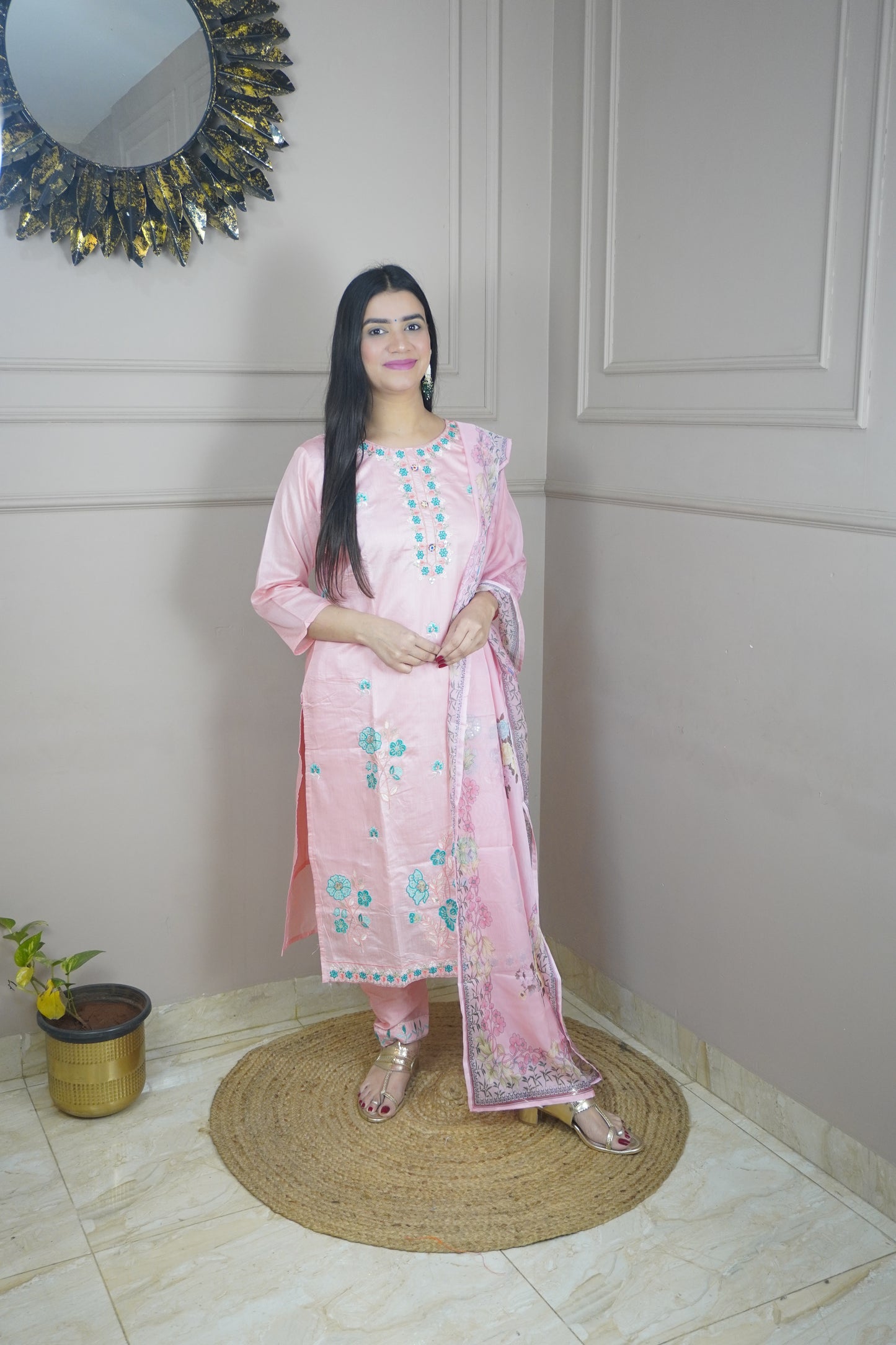 Baby Pink colour Thread work Kurta with Pant and Printed Dupatta