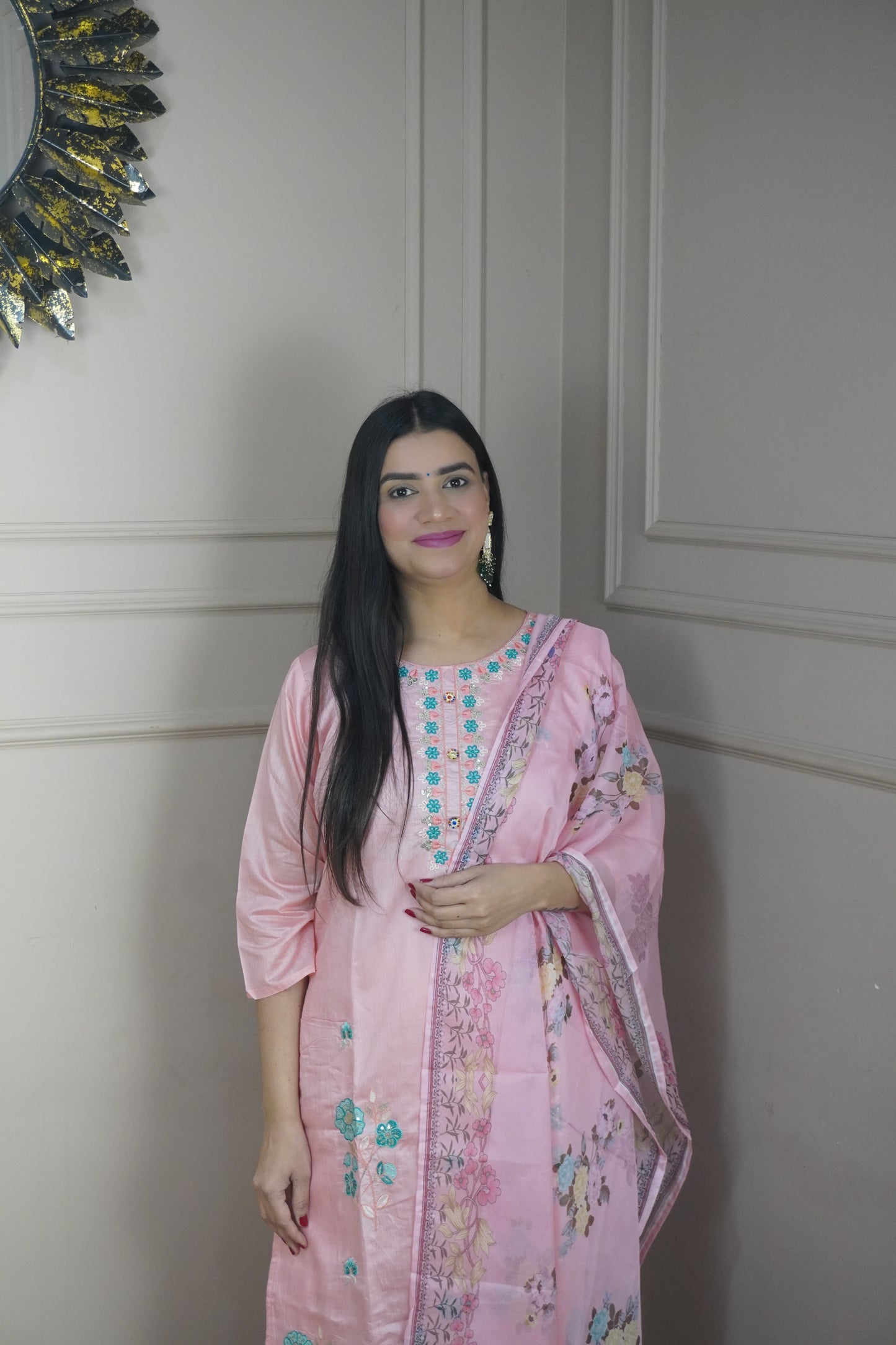 Baby Pink colour Thread work Kurta with Pant and Printed Dupatta