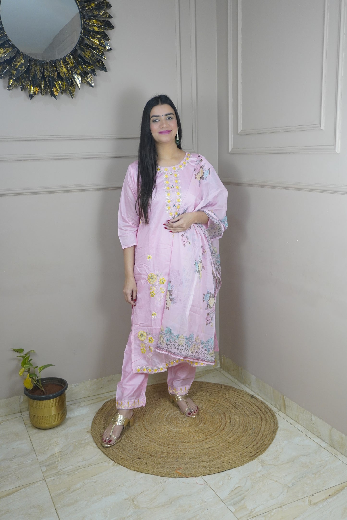 Light Pink colour Thread work Kurta with Pant and Printed Dupatta