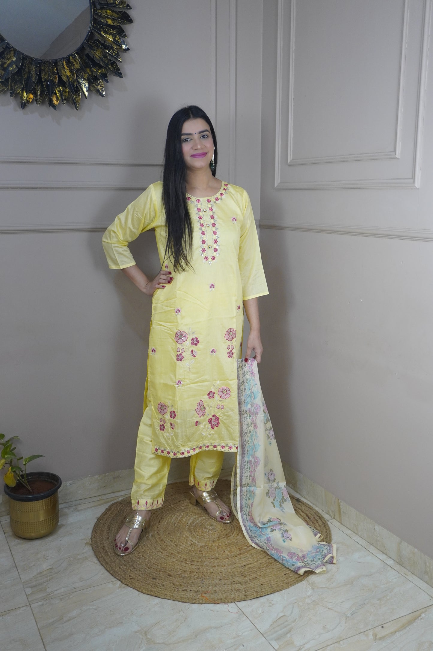 Light Yellow colour Thread work Kurta with Pant and Printed Dupatta