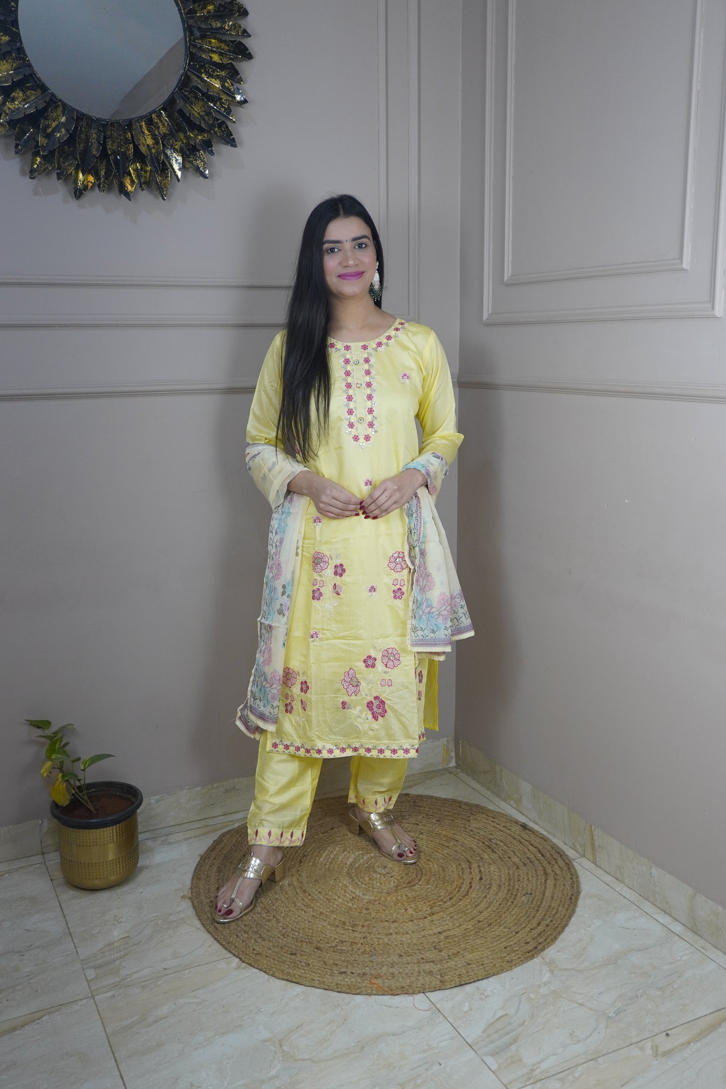 Light Yellow colour Thread work Kurta with Pant and Printed Dupatta