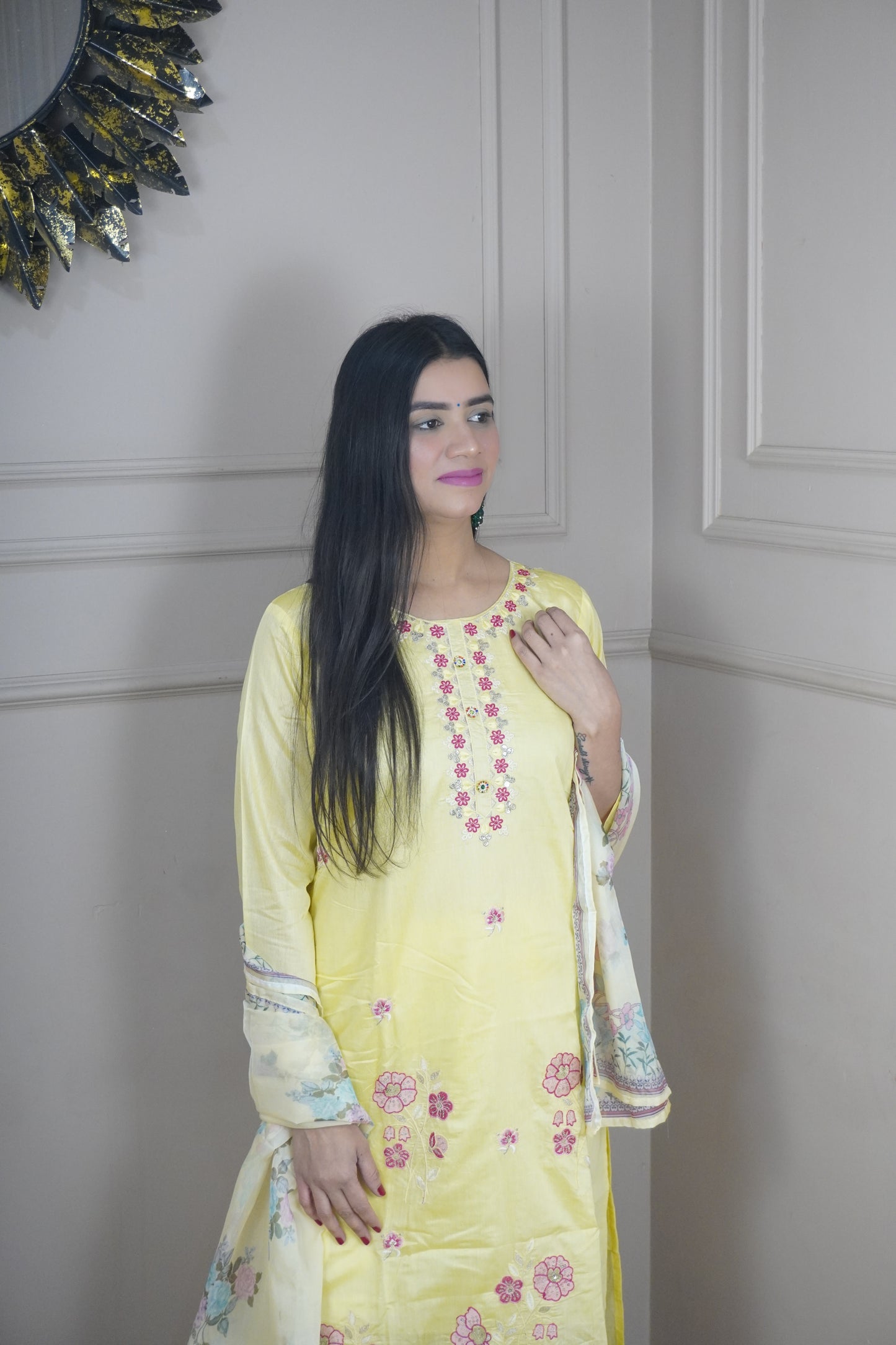 Light Yellow colour Thread work Kurta with Pant and Printed Dupatta
