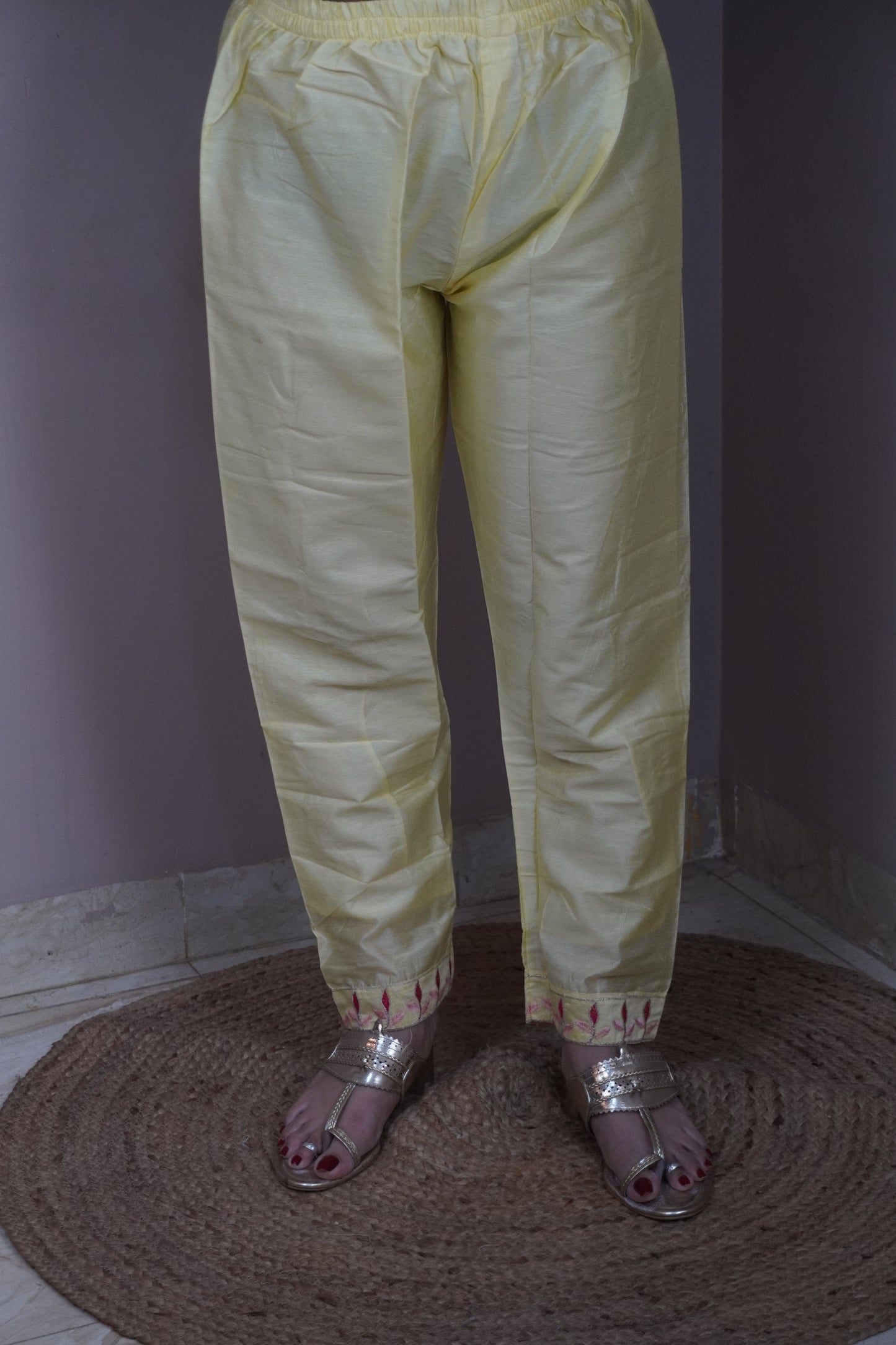 Light Yellow colour Thread work Kurta with Pant and Printed Dupatta