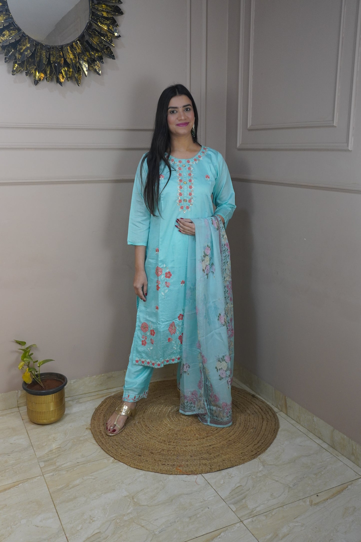 Sky Blue colour Thread work Kurta with Pant and Printed Dupatta