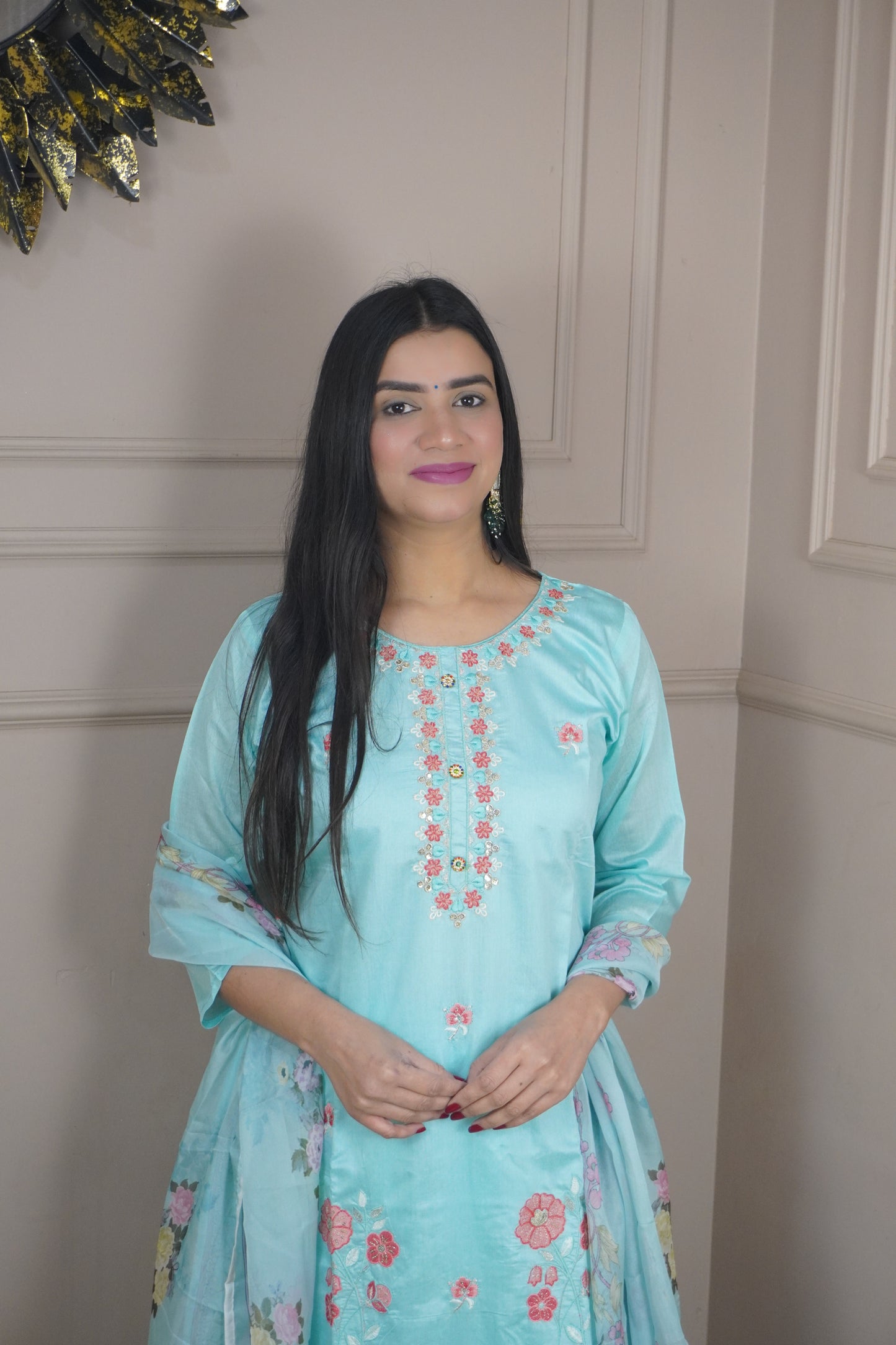 Sky Blue colour Thread work Kurta with Pant and Printed Dupatta
