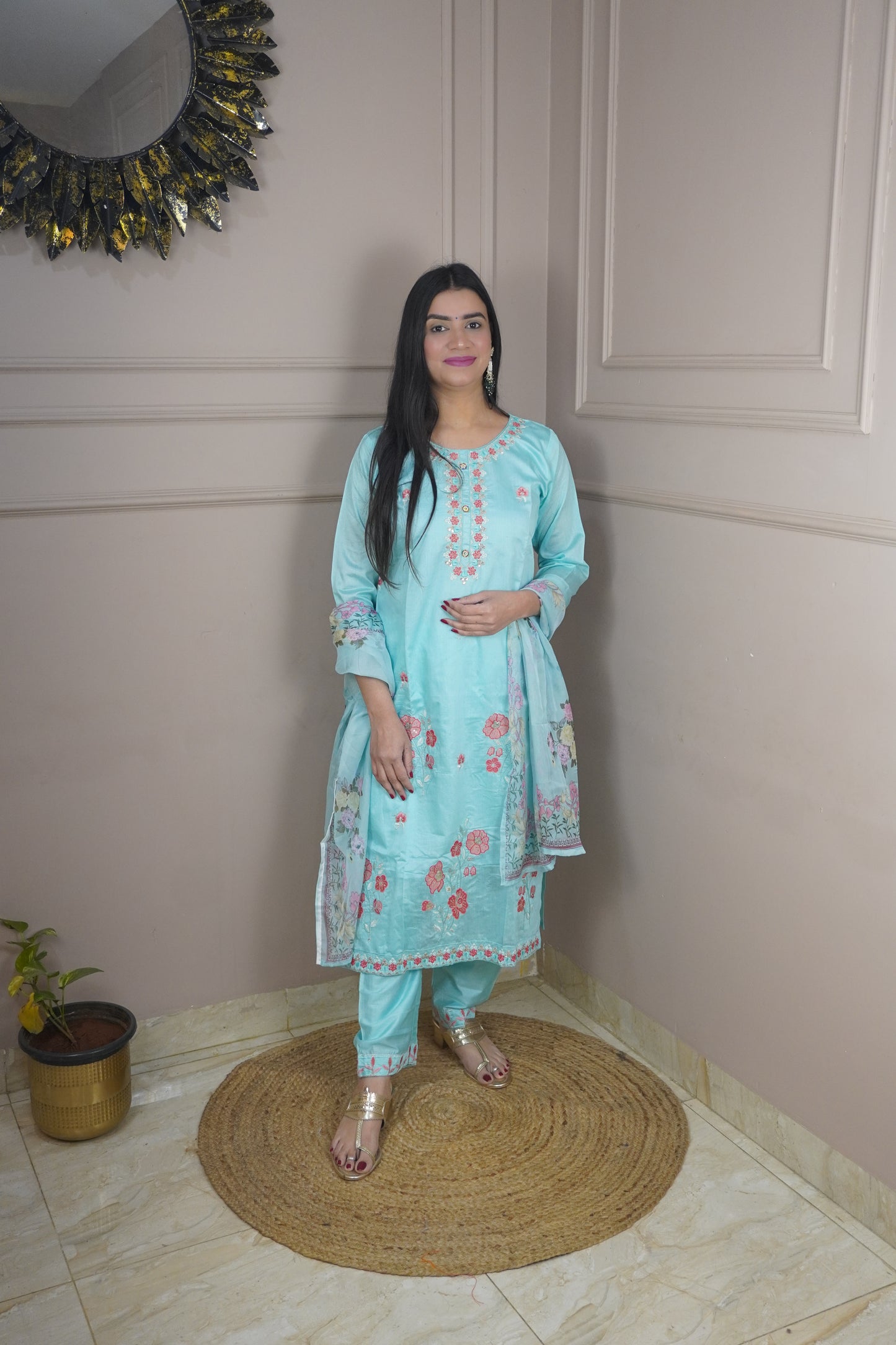 Sky Blue colour Thread work Kurta with Pant and Printed Dupatta