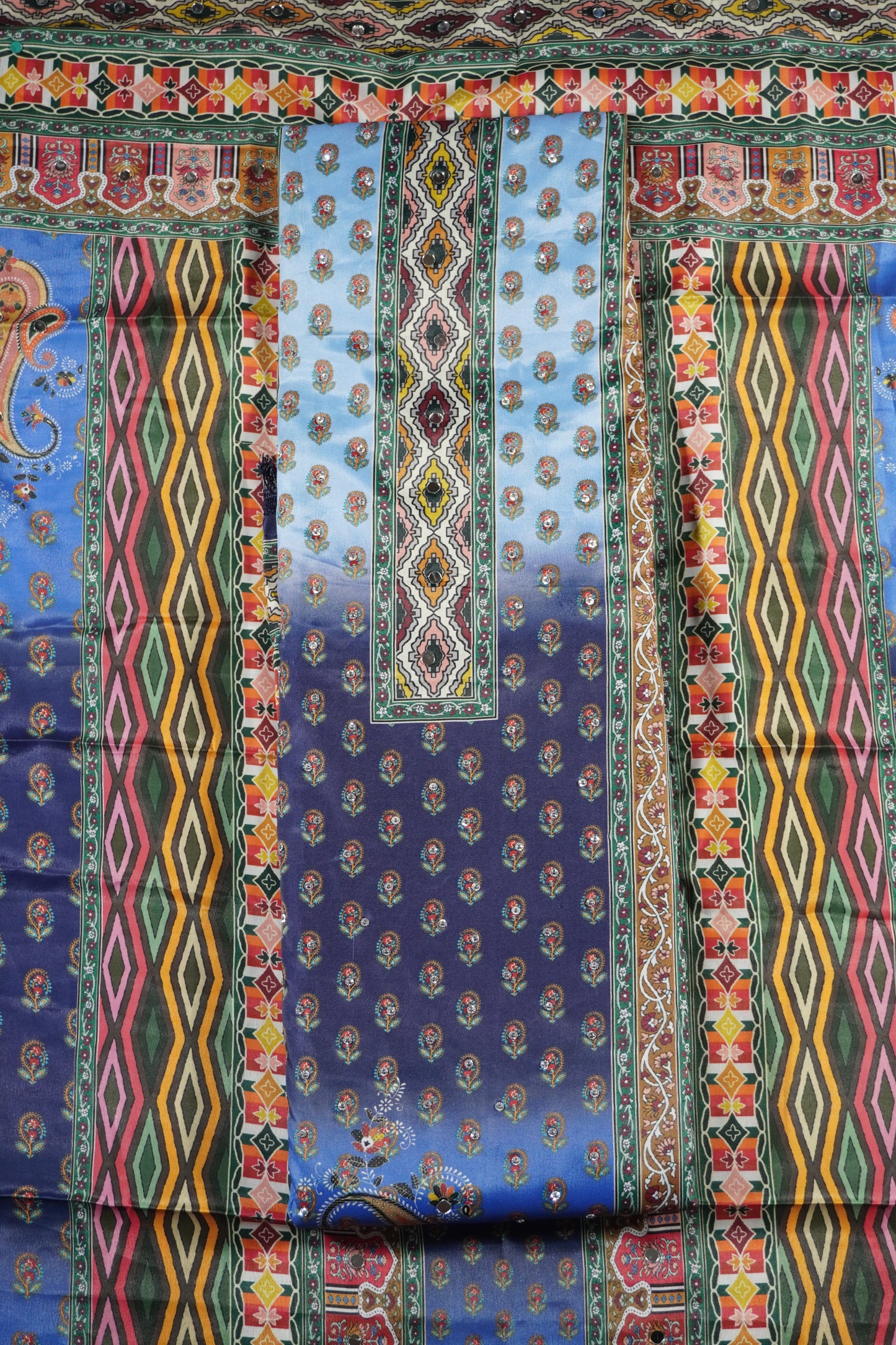 Blue Colour Mirror work Unstitched Suit Fabric with Printed Dupatta