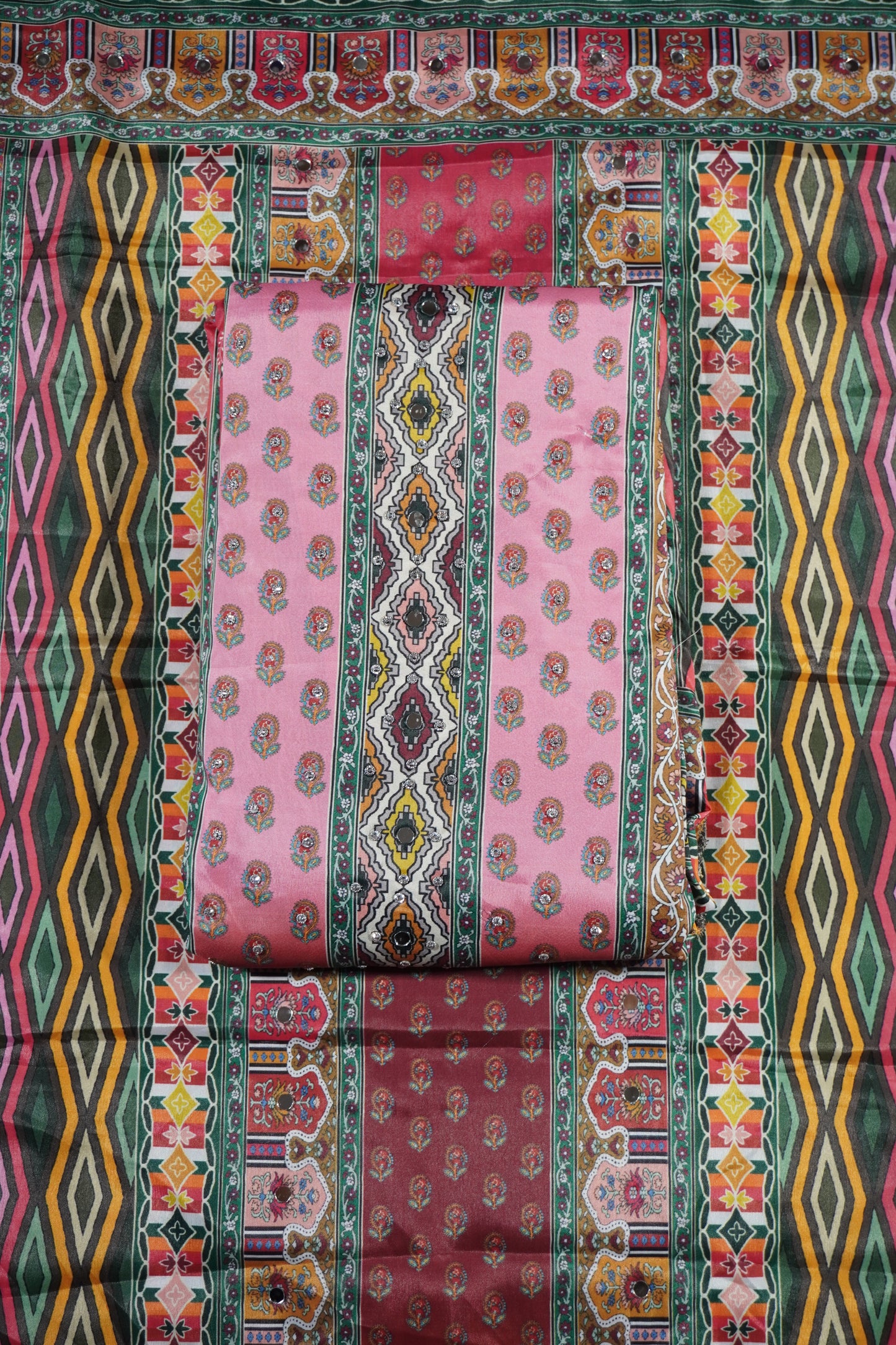 Pink Colour Mirror work Unstitched Suit Fabric with Printed Dupatta