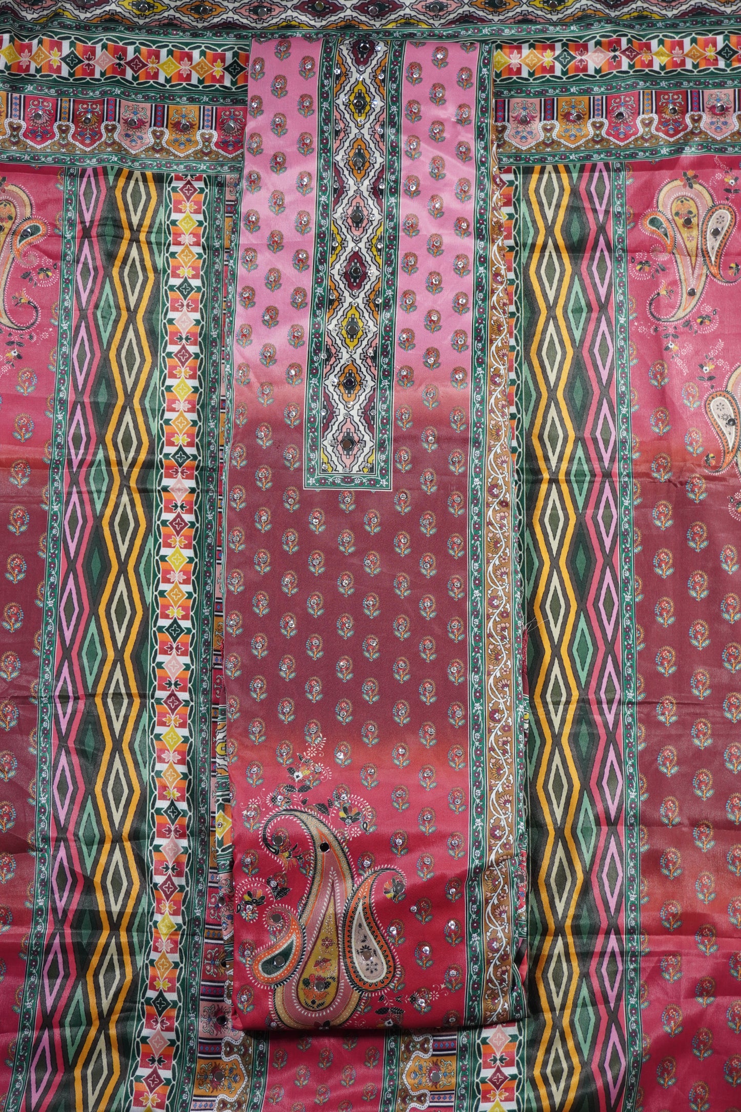 Pink Colour Mirror work Unstitched Suit Fabric with Printed Dupatta