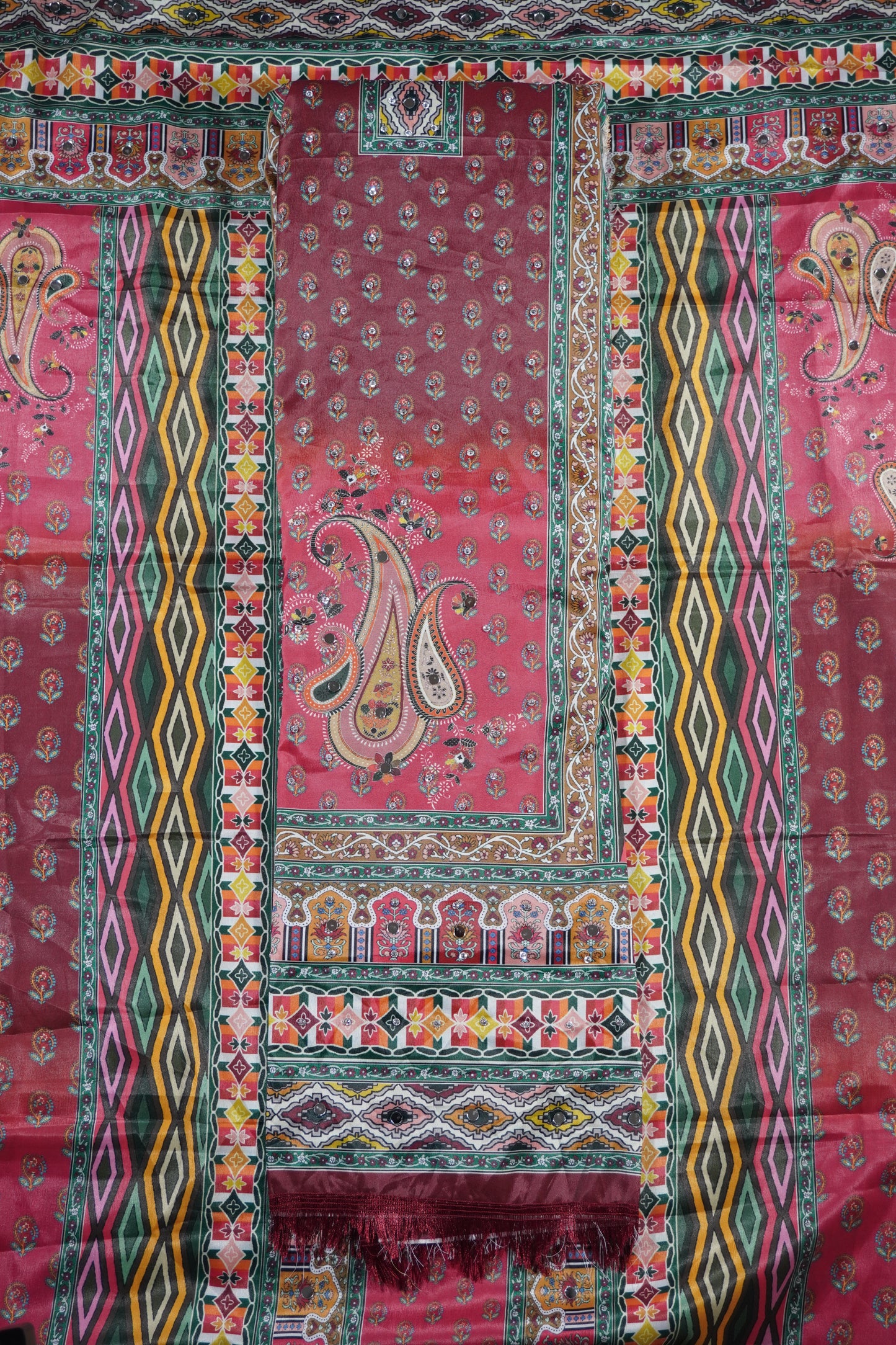 Pink Colour Mirror work Unstitched Suit Fabric with Printed Dupatta