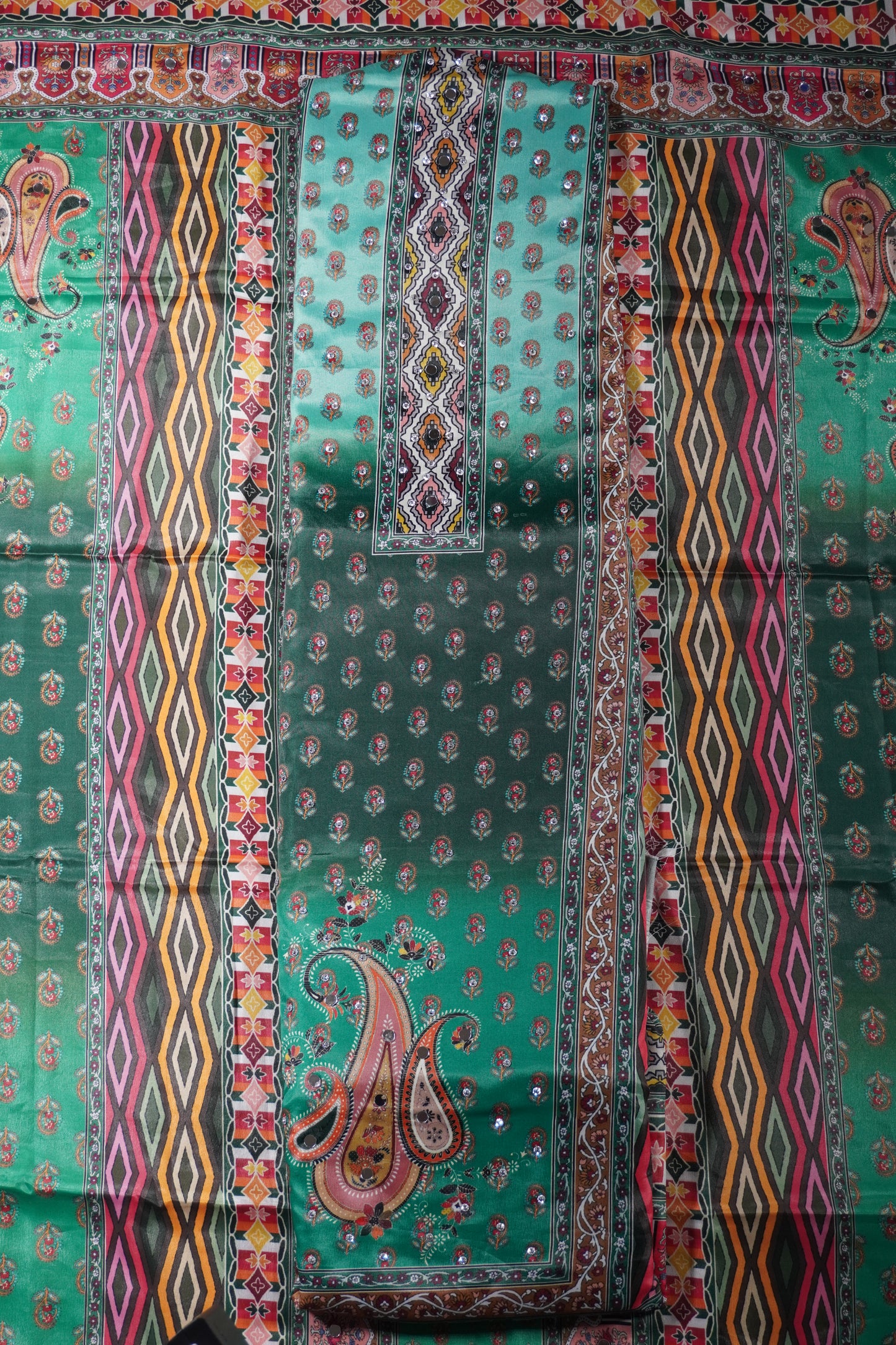 Green Colour Mirror work Unstitched Suit Fabric with Printed Dupatta