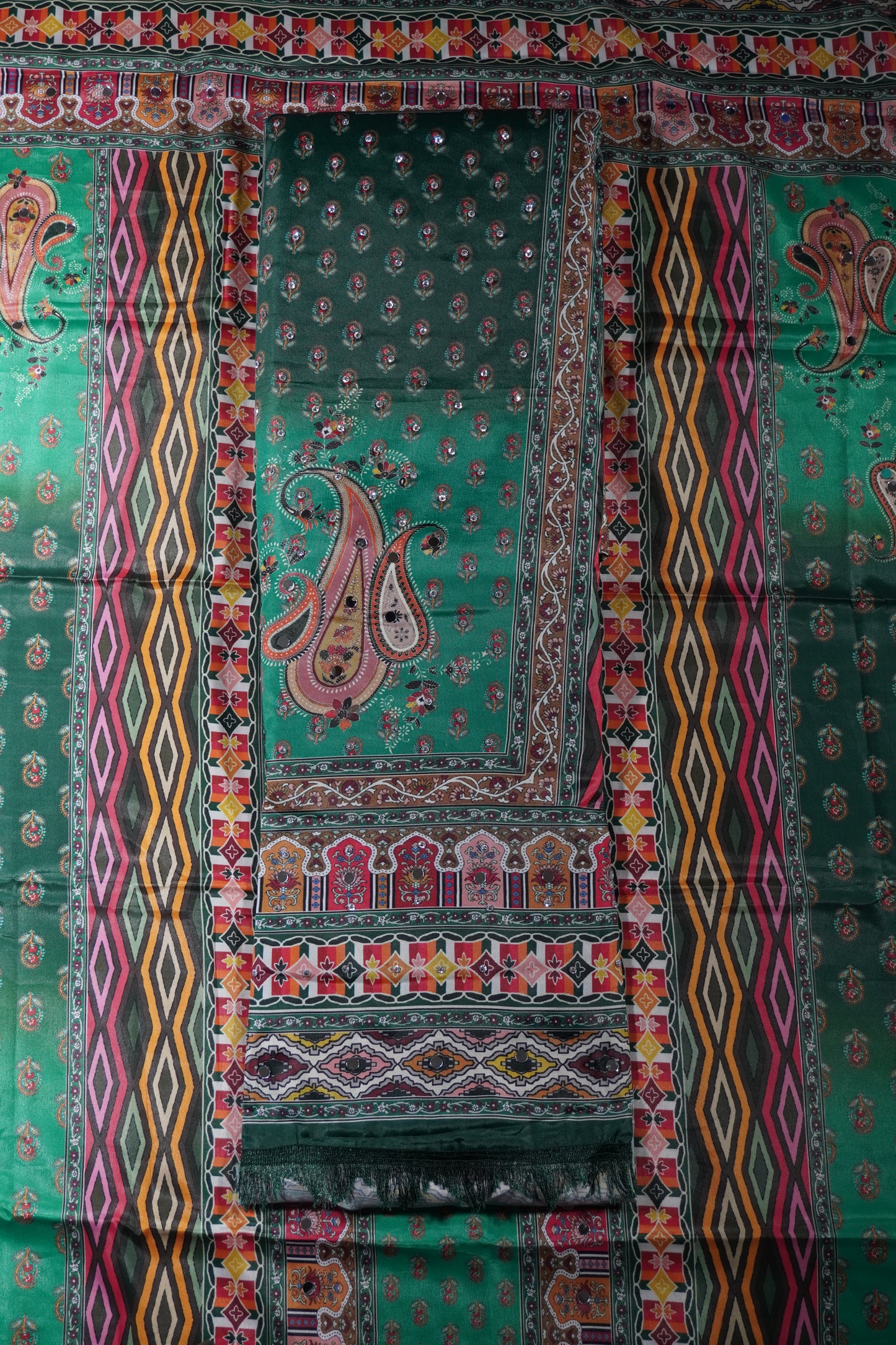 Green Colour Mirror work Unstitched Suit Fabric with Printed Dupatta