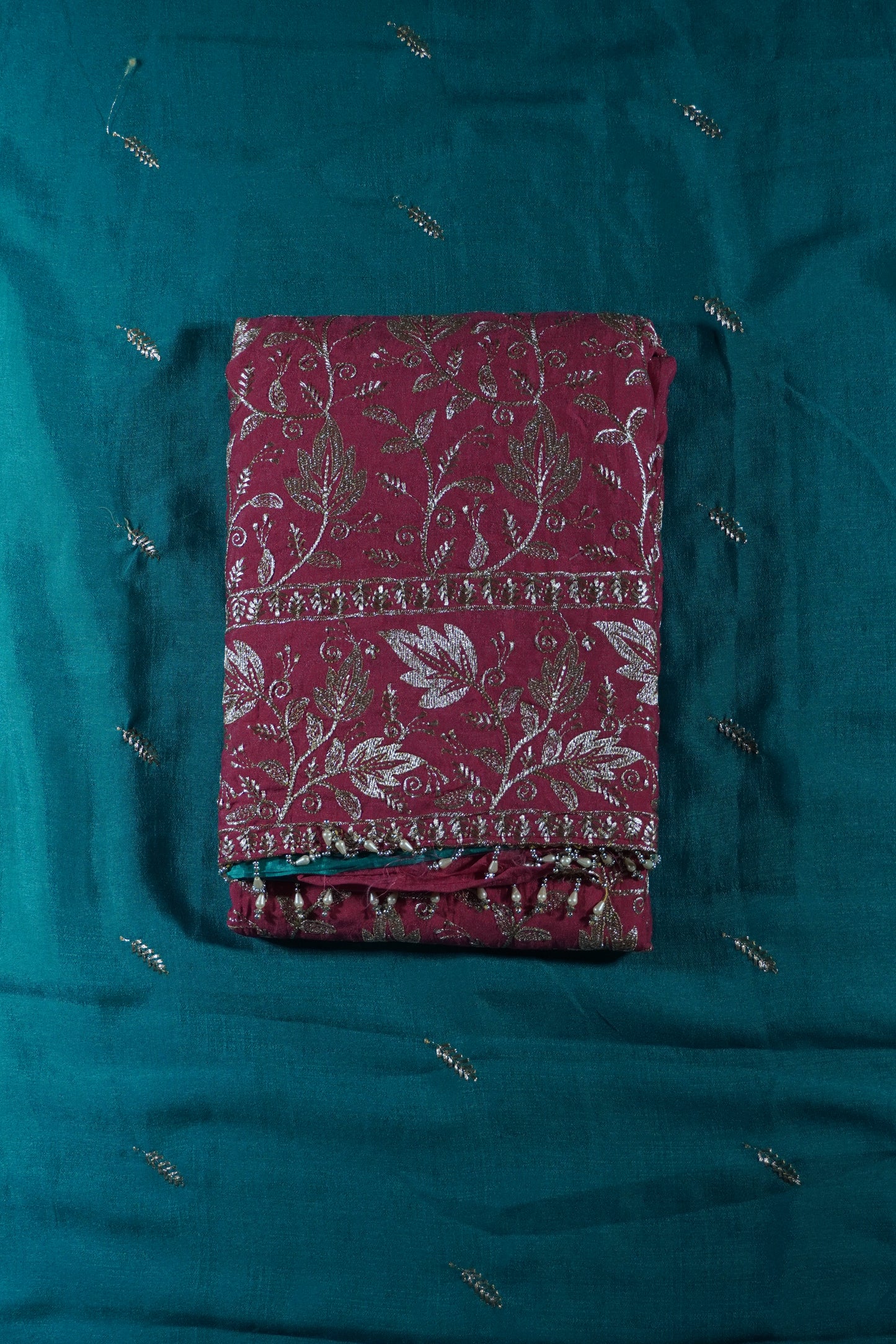 Pink Colour Thread work Unstitched Suit Fabric with contrast Pant Dupatta