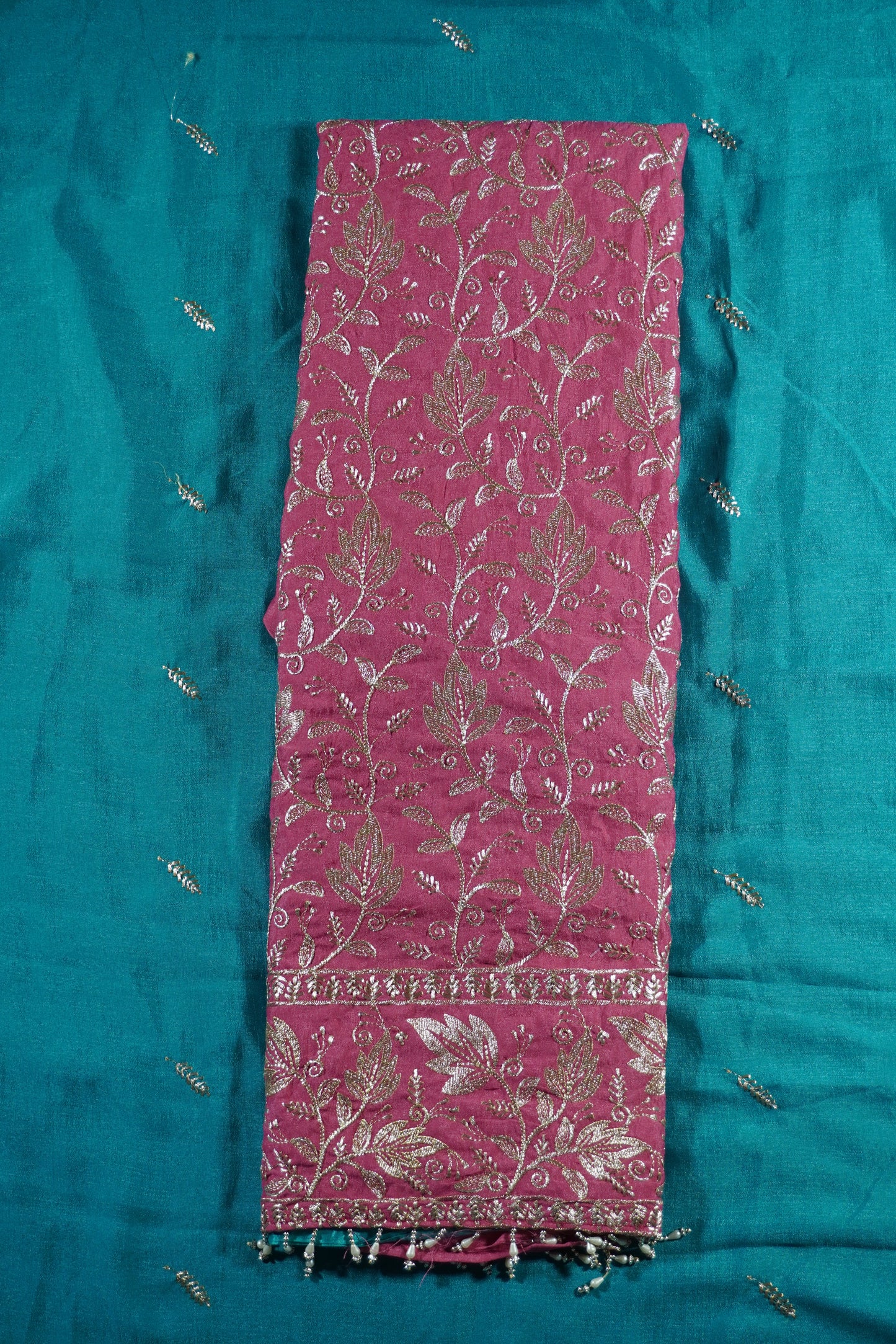 Pink Colour Thread work Unstitched Suit Fabric with contrast Pant Dupatta