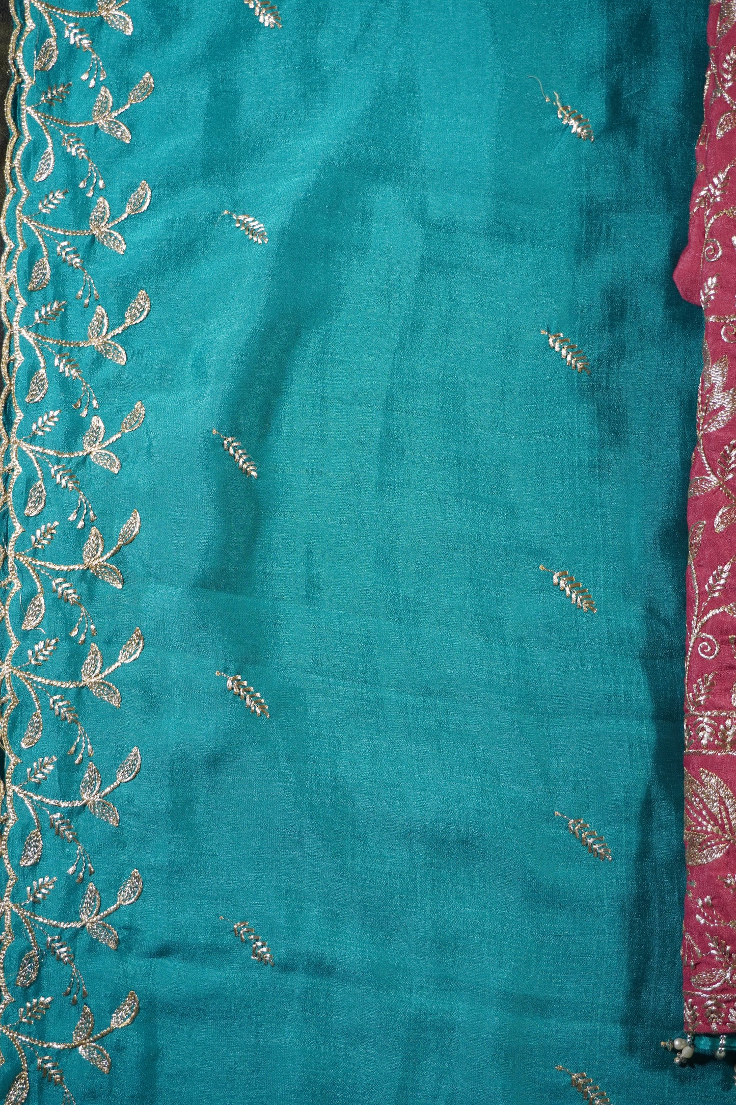 Pink Colour Thread work Unstitched Suit Fabric with contrast Pant Dupatta