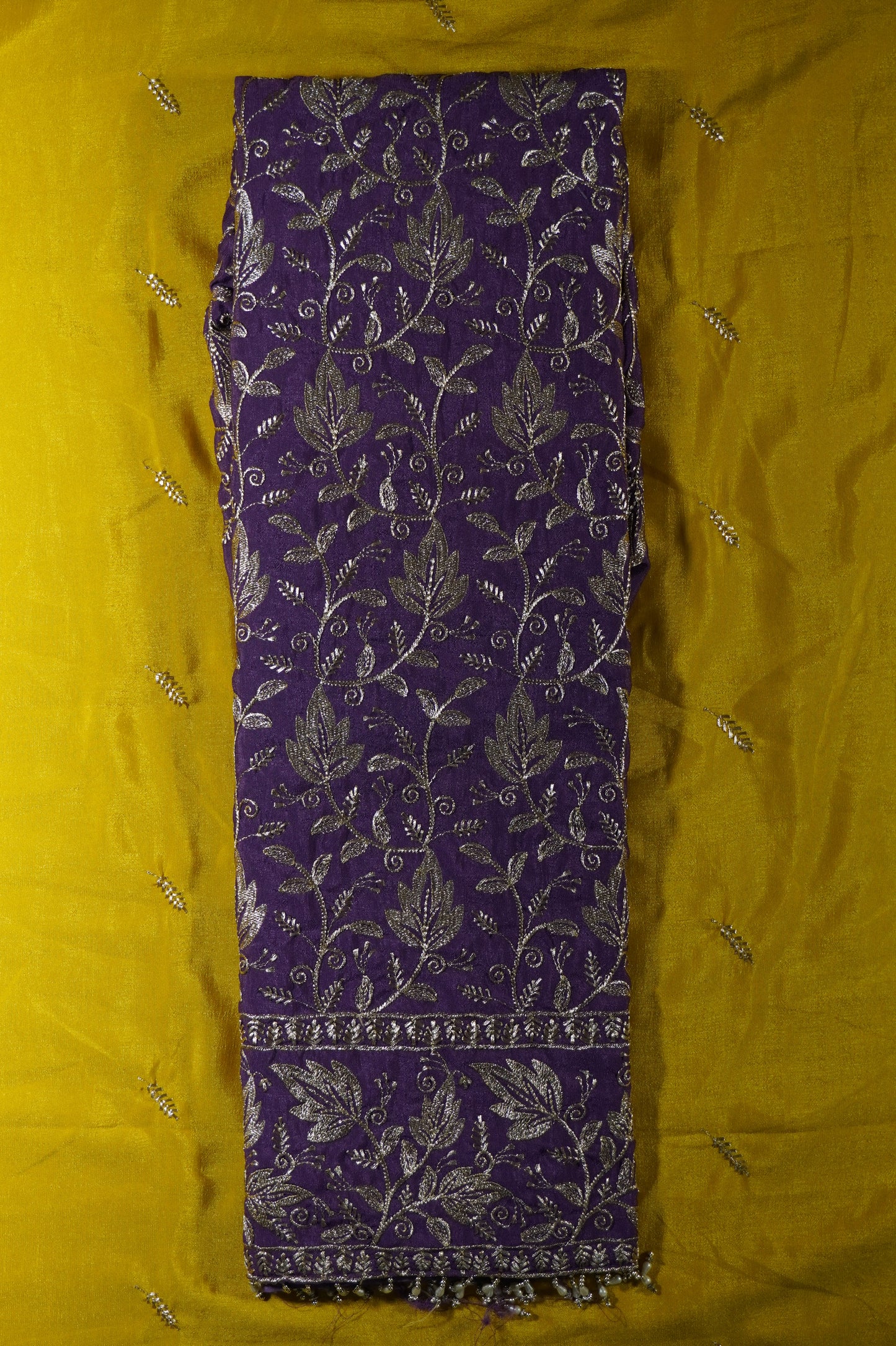 Purple Colour Thread work Unstitched Suit Fabric with contrast Pant Dupatta