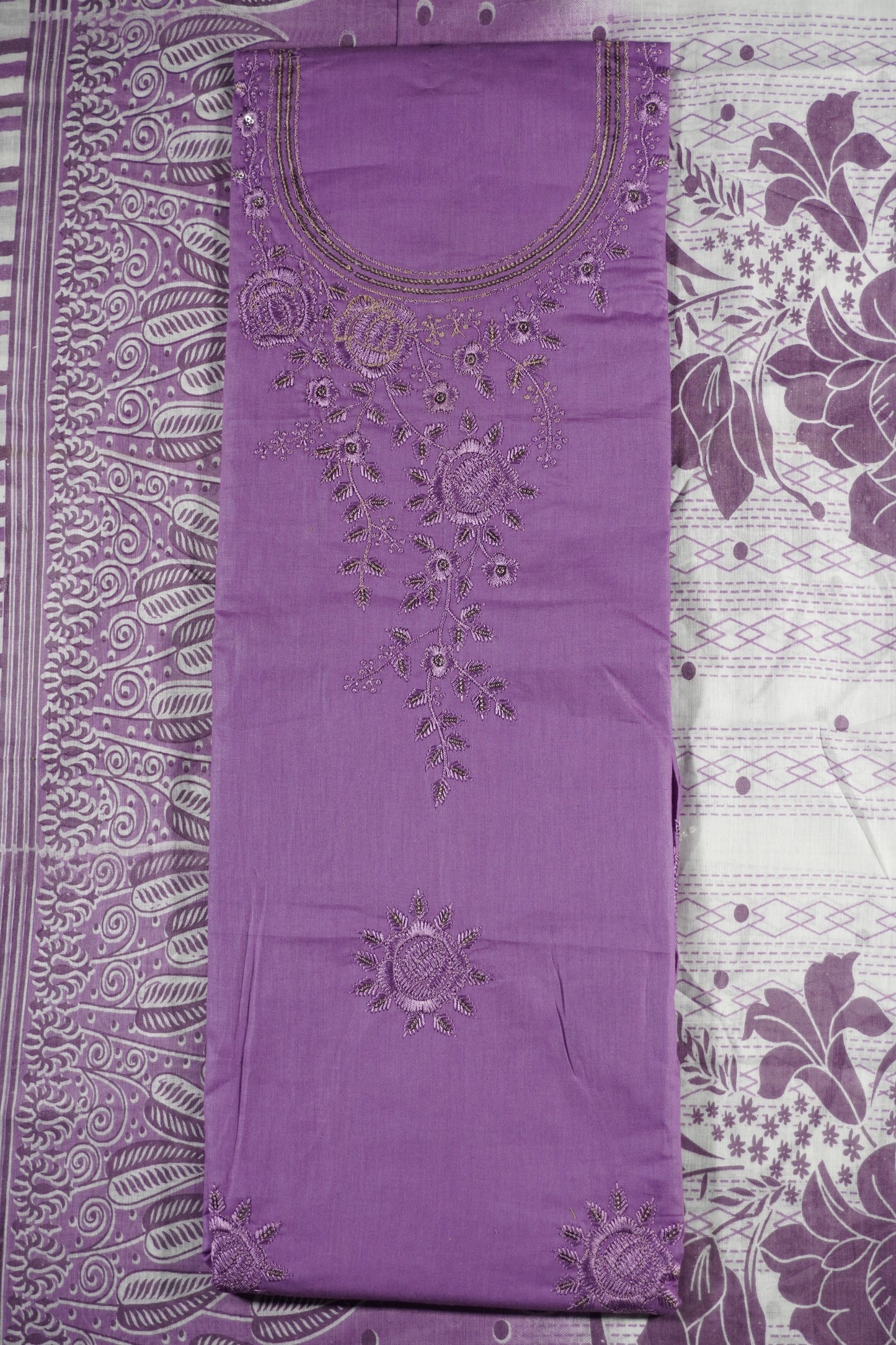 Purple Colour Thread work cotton Unstitched Suit Fabric with Pant & cotton Dupatta