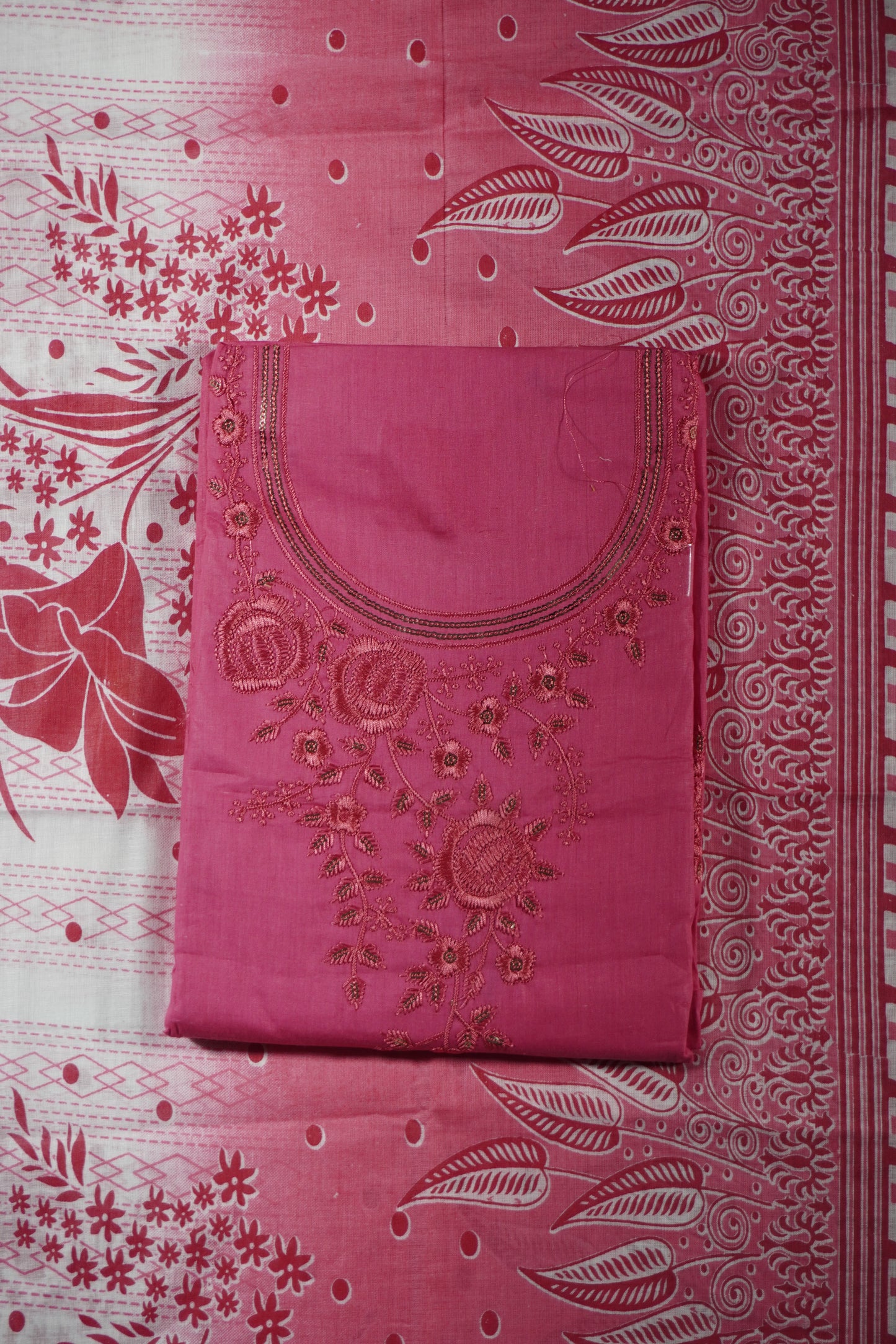 Pink Colour Thread work cotton Unstitched Suit Fabric with Pant & cotton Dupatta