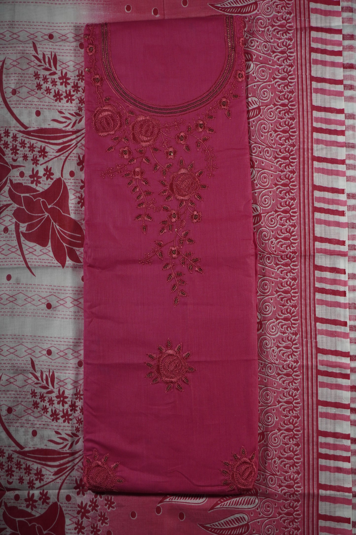 Pink Colour Thread work cotton Unstitched Suit Fabric with Pant & cotton Dupatta