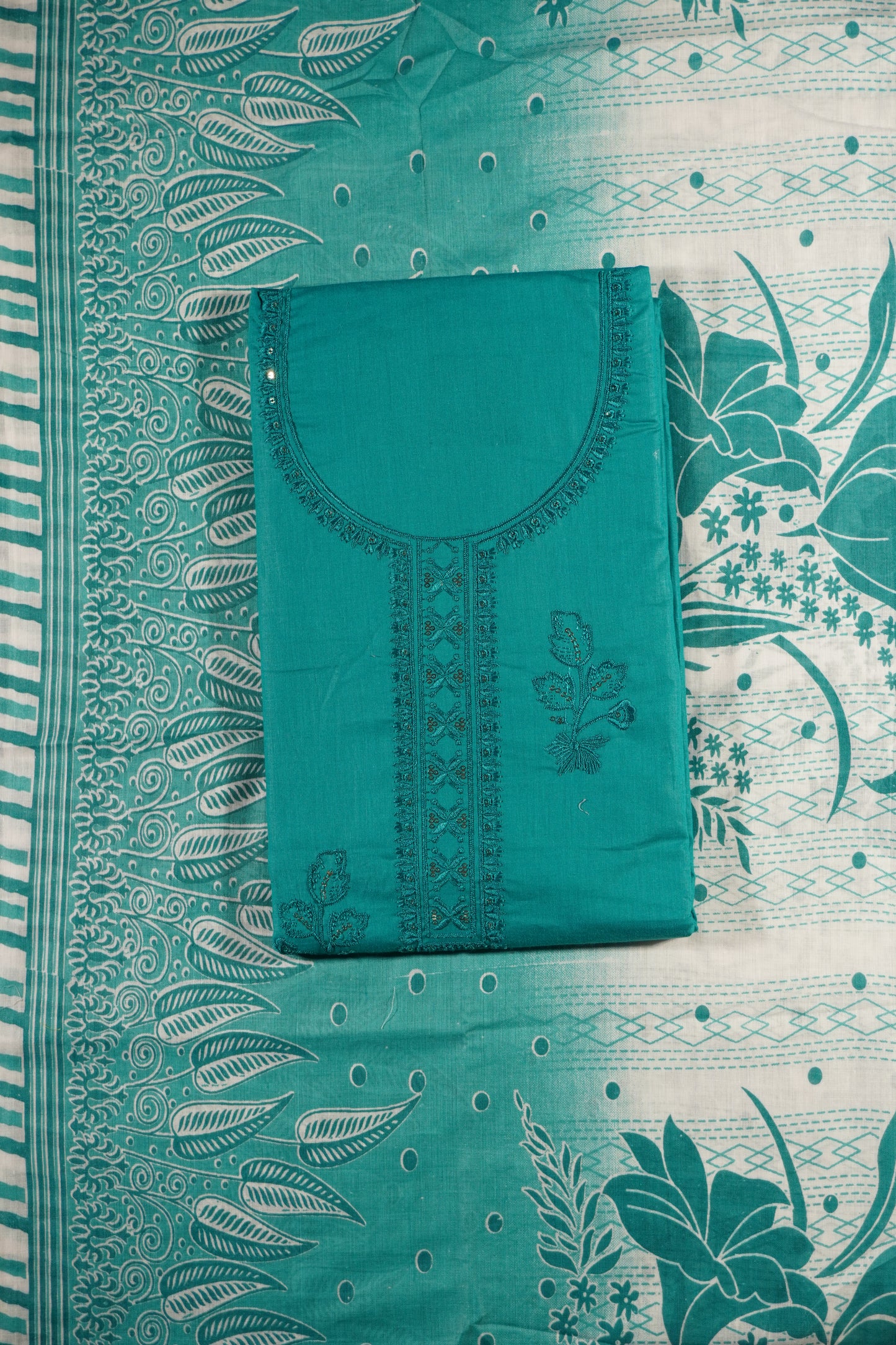 Sea Green Colour Thread work cotton Unstitched Suit Fabric with Pant & cotton Dupatta
