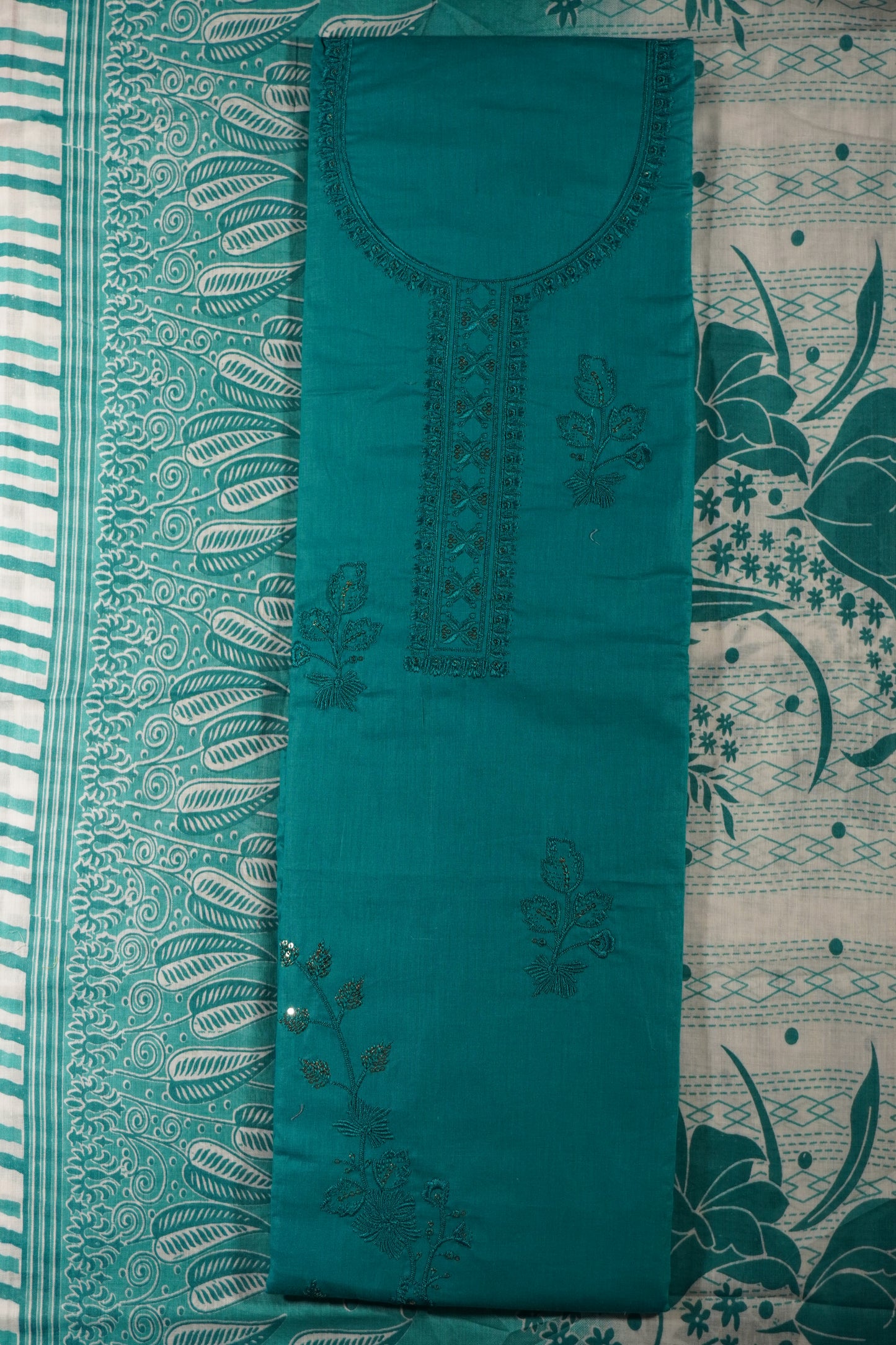Sea Green Colour Thread work cotton Unstitched Suit Fabric with Pant & cotton Dupatta