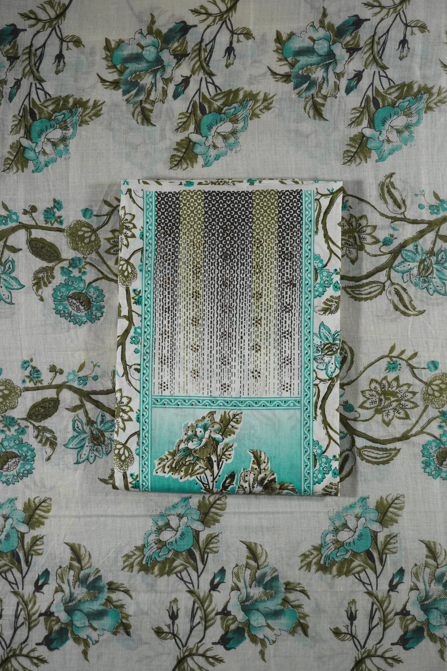 Sea Green Colour cotton Unstitched Suit Fabric with Pant & cotton Dupatta