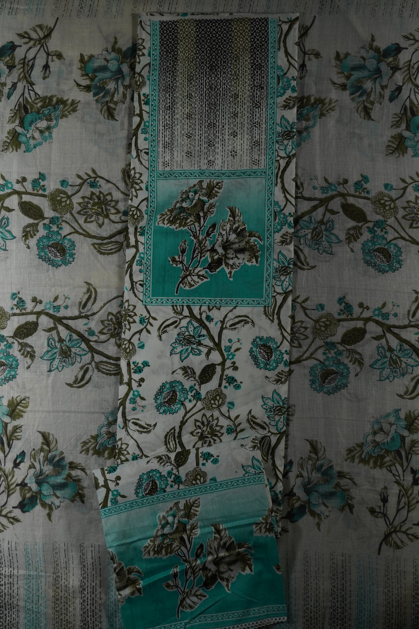 Sea Green Colour cotton Unstitched Suit Fabric with Pant & cotton Dupatta