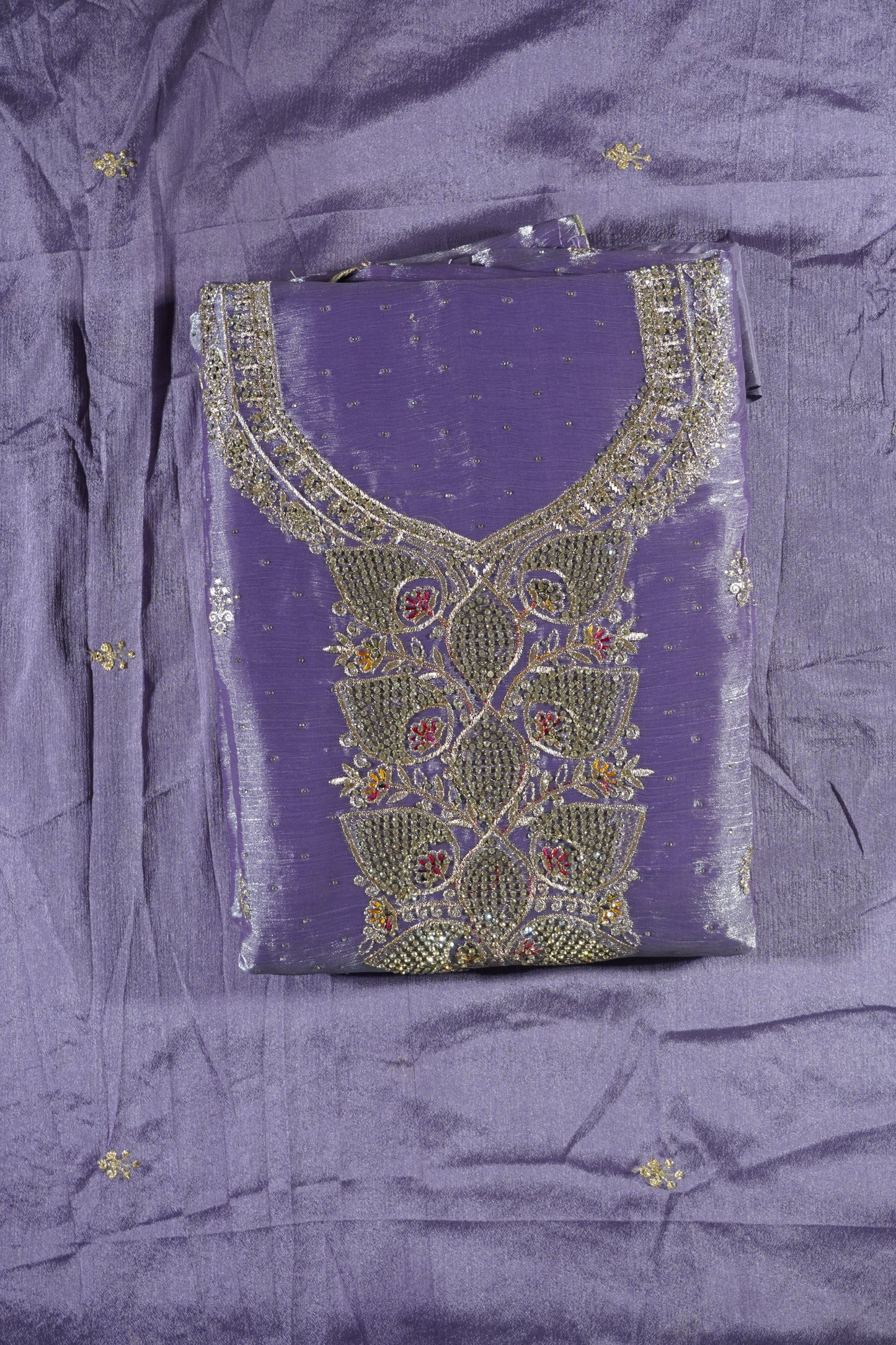 Lavender colour jimmy choo Stone work party wear Unstitched Suit Fabric with Pant & Dupatta
