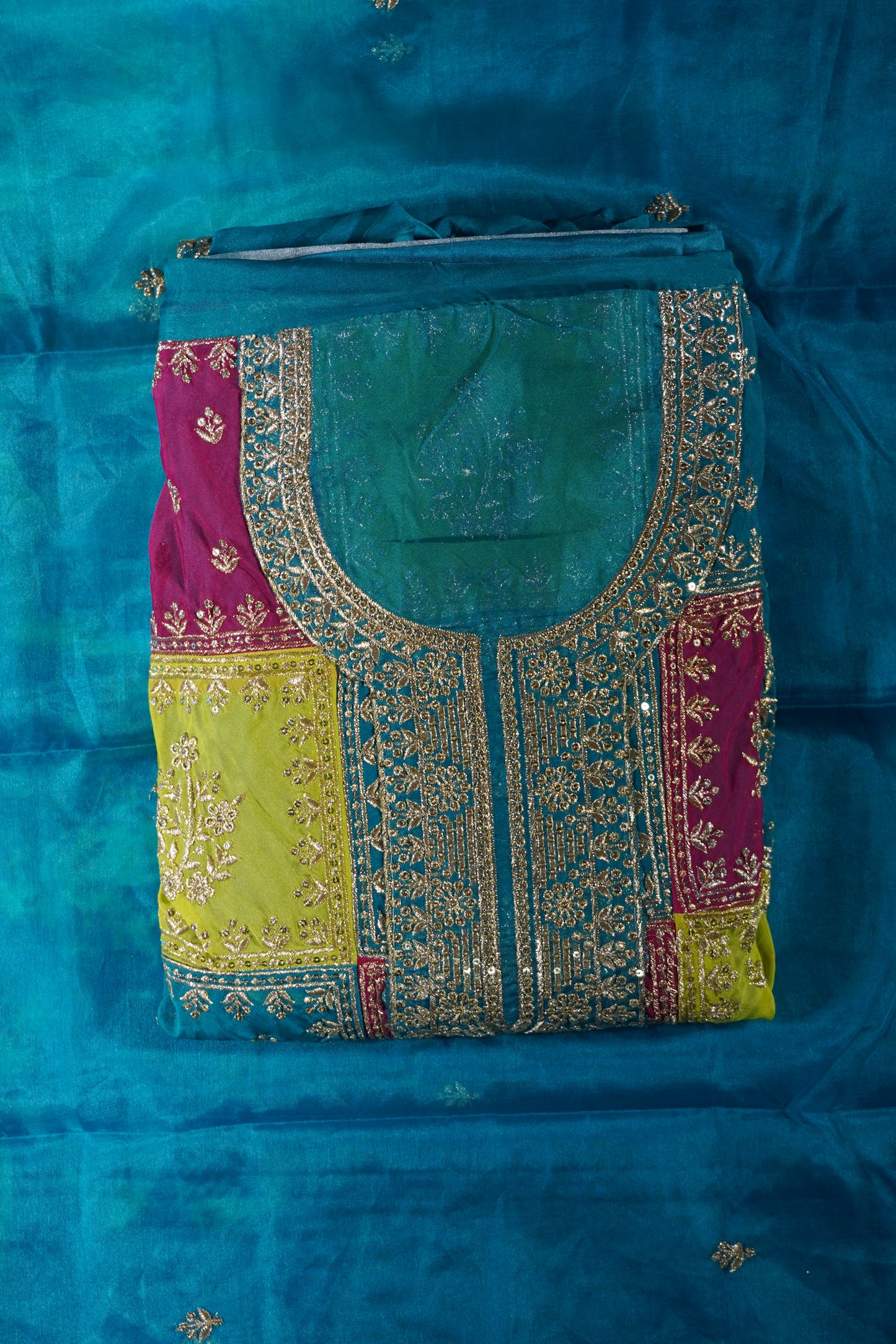 Multi colour Thread & Zari work Party wear Unstitched Suit Fabric with Pant & Dupatta