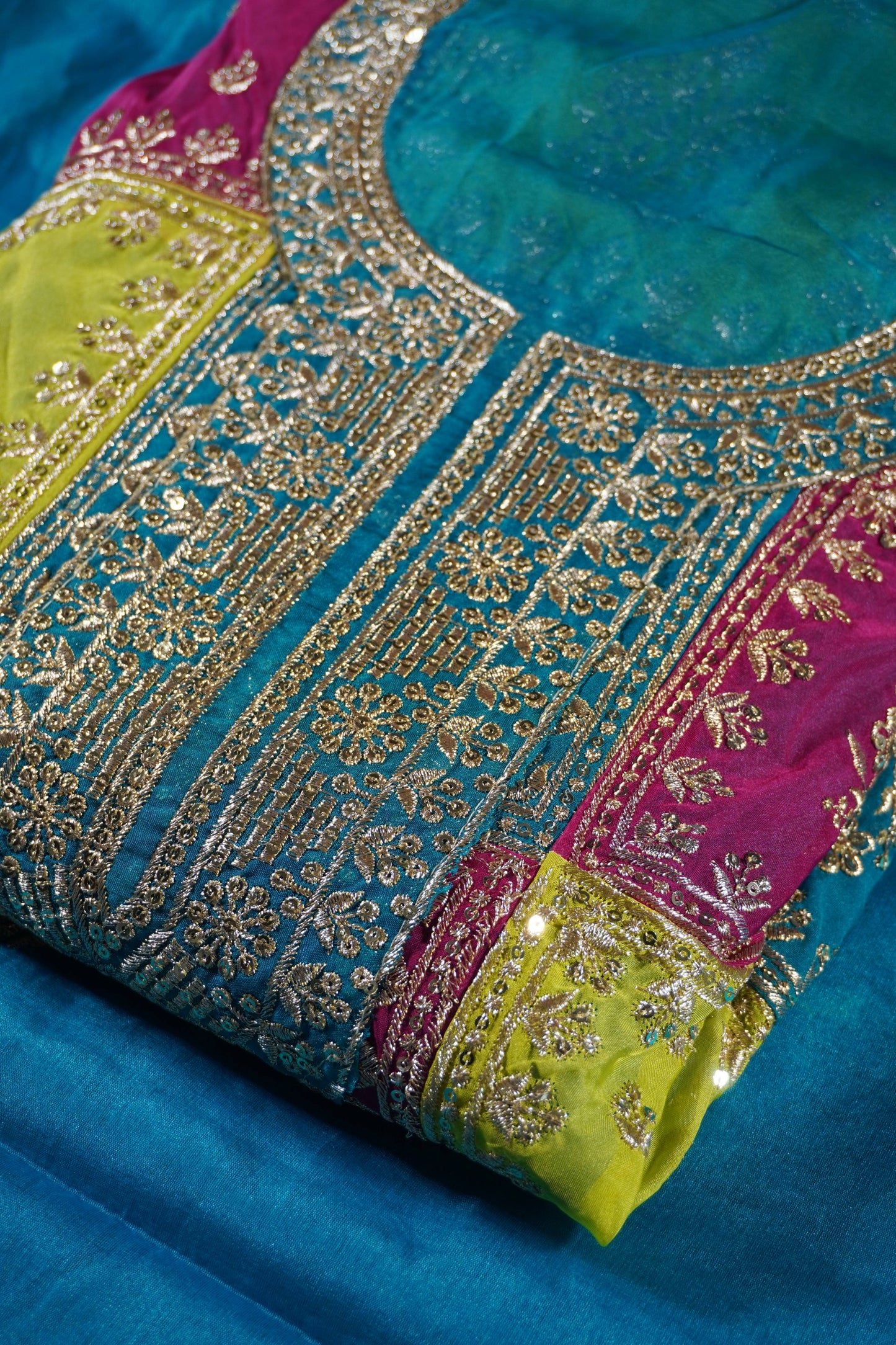Multi colour Thread & Zari work Party wear Unstitched Suit Fabric with Pant & Dupatta