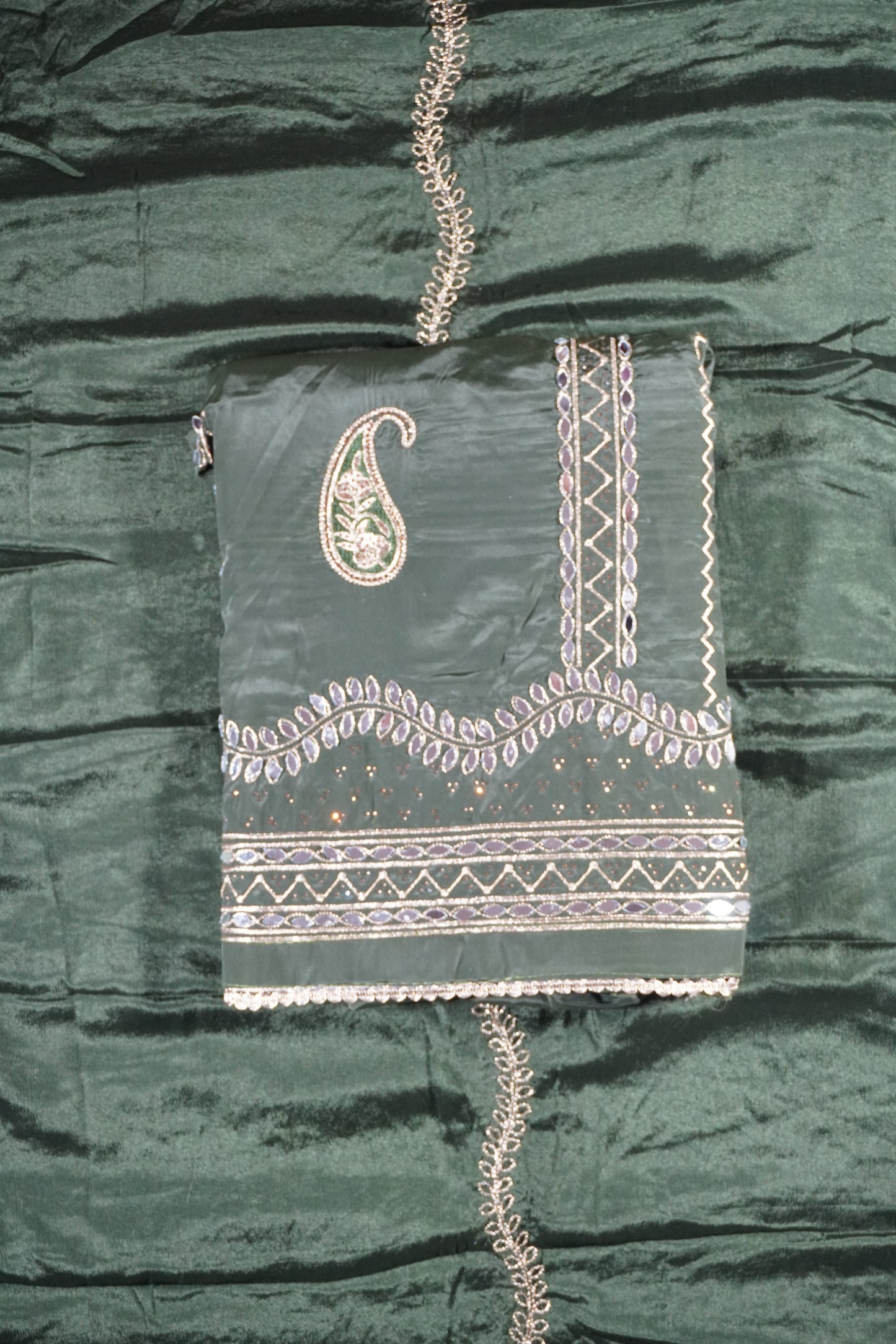 Green colour crepe fabric Mirror work Unstitched Suit Fabric with Pant & Dupatta