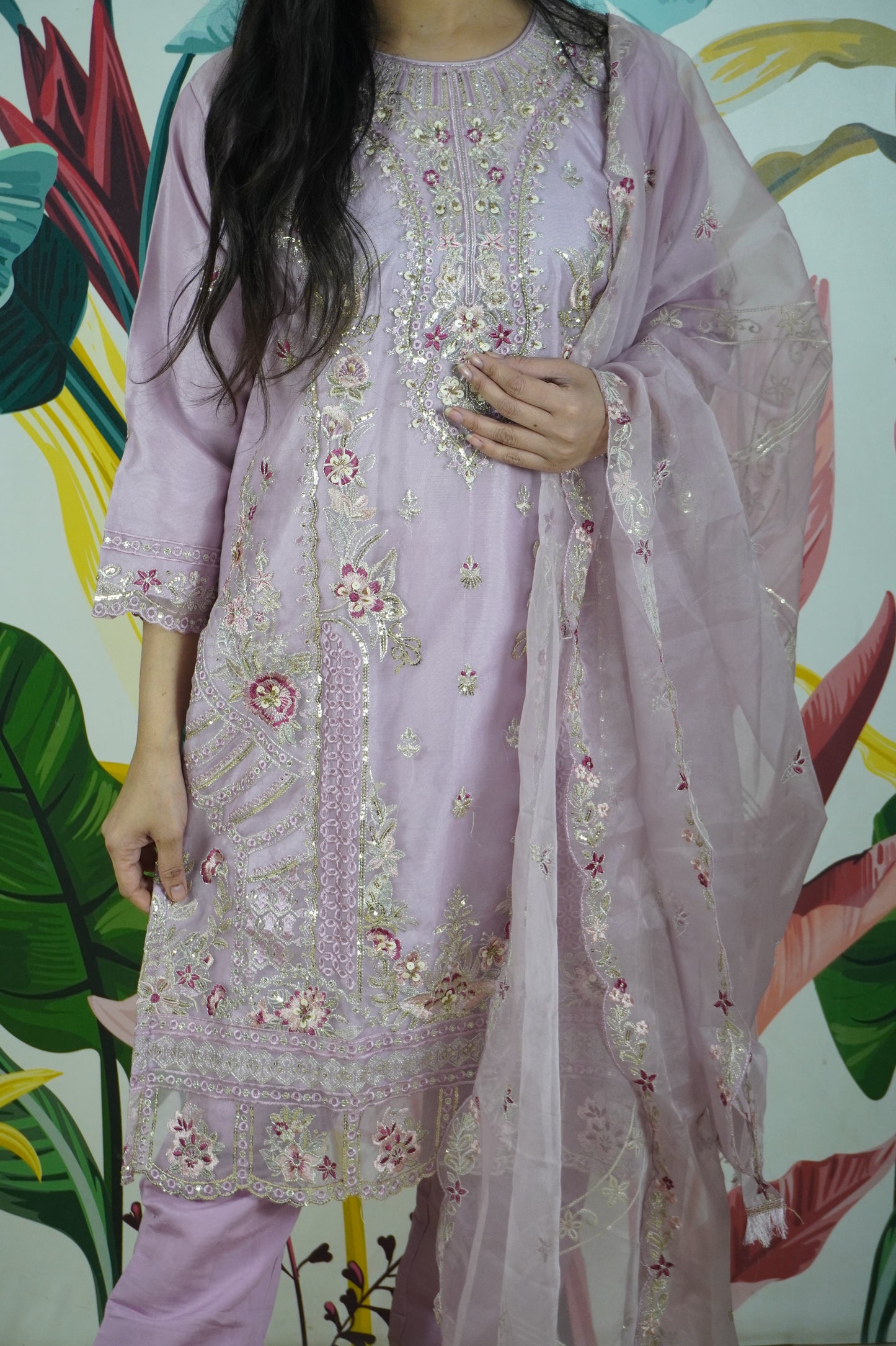 Lavender Colour Zari & sequence Work Pakistani Kurta Set with Pant & Dupatta