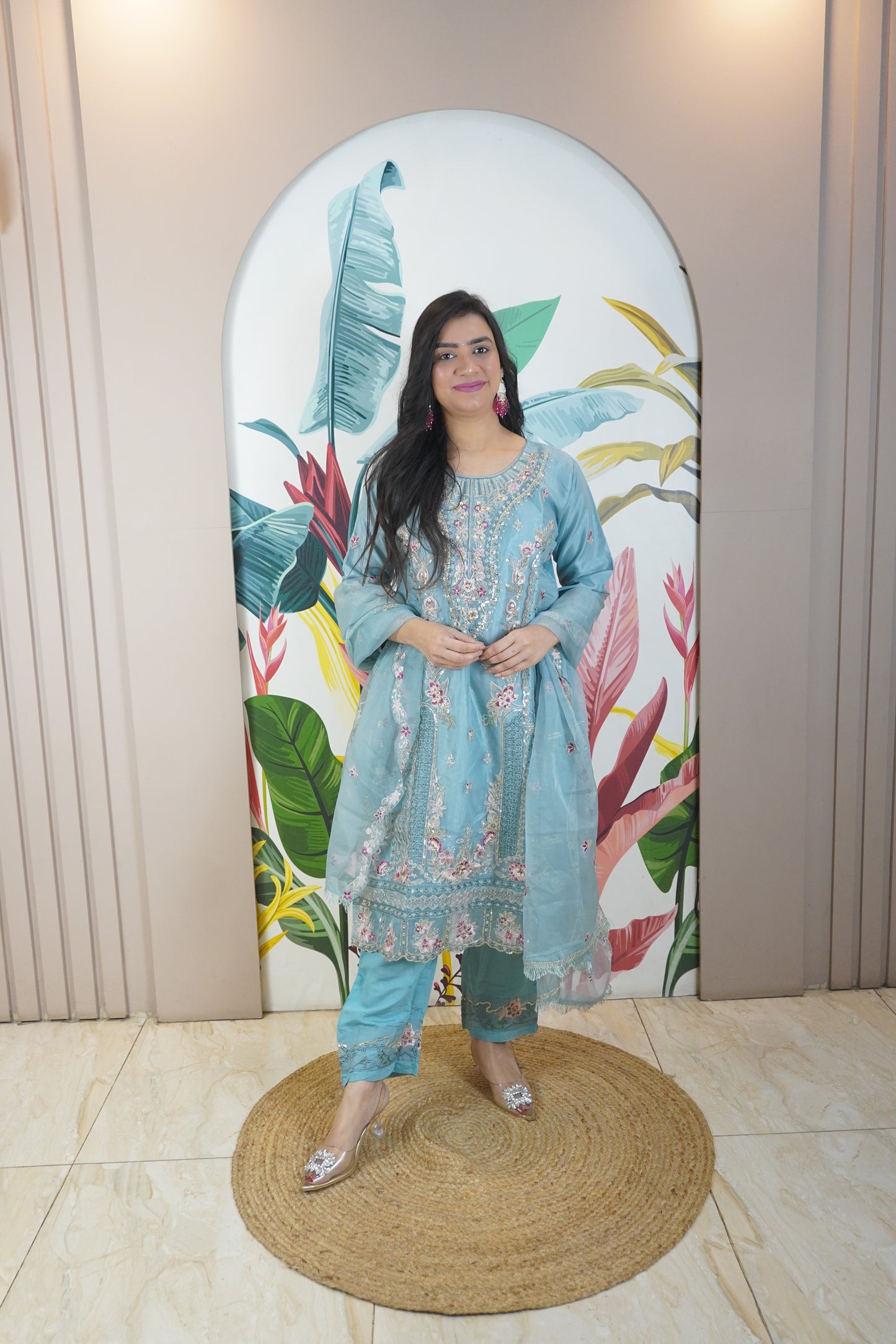 Blue Colour Zari & sequence Work Pakistani Kurta Set with Pant & Dupatta
