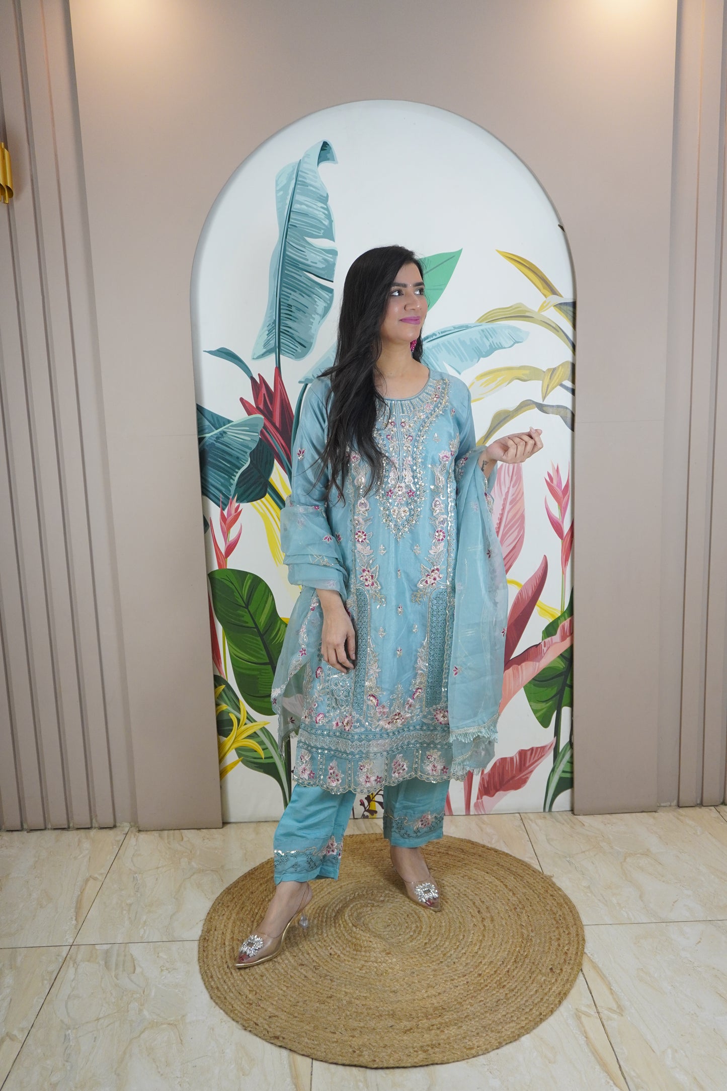 Blue Colour Zari & sequence Work Pakistani Kurta Set with Pant & Dupatta
