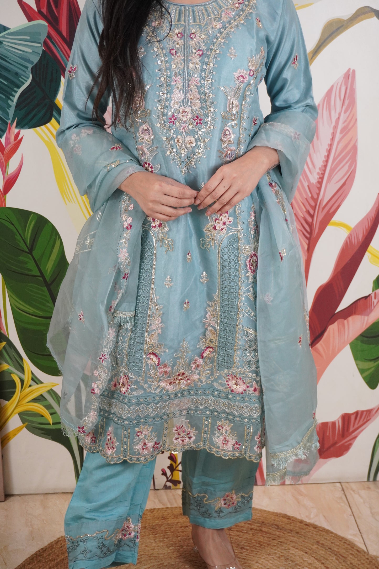 Blue Colour Zari & sequence Work Pakistani Kurta Set with Pant & Dupatta