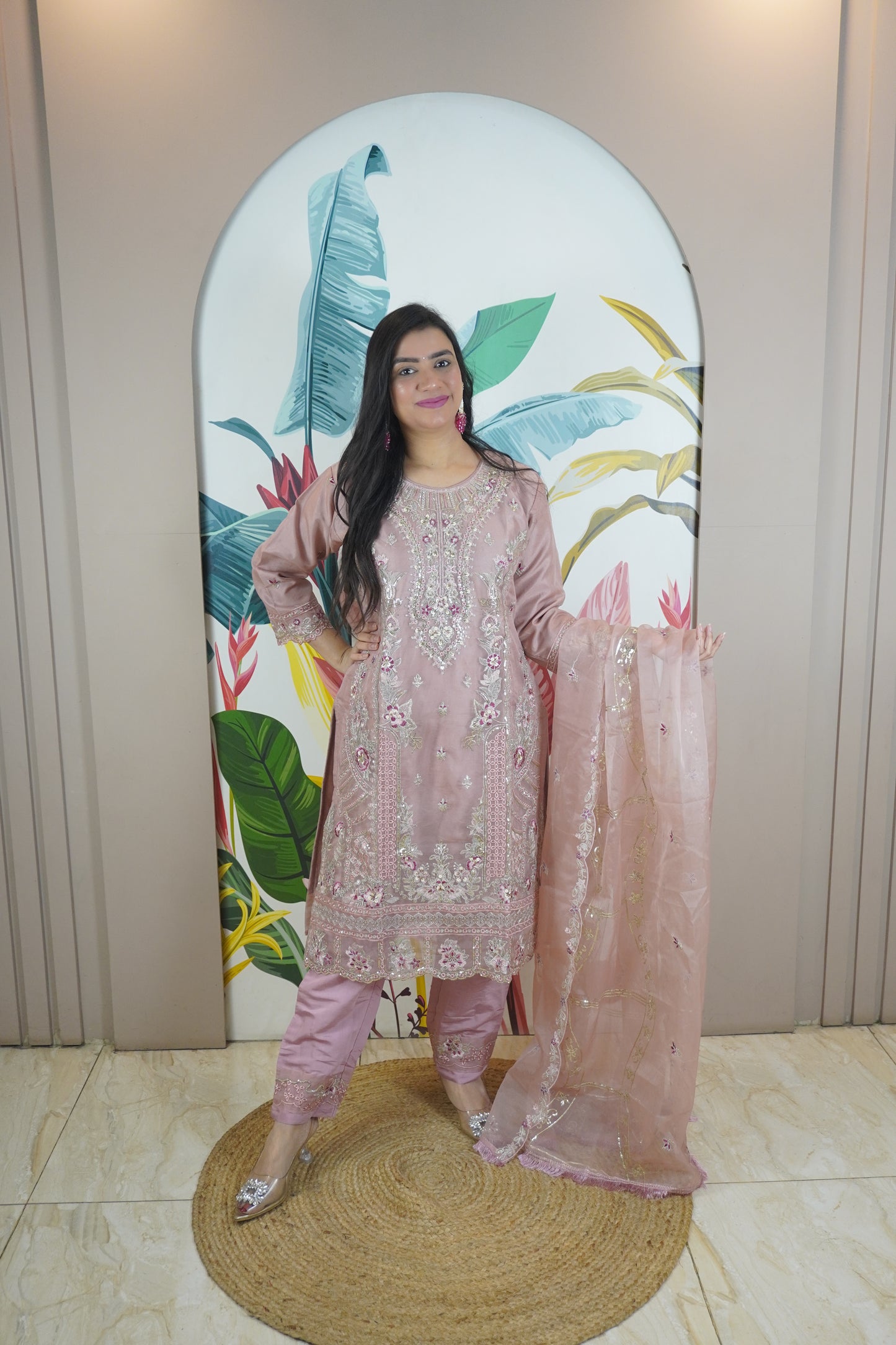 Mauve Colour Zari & sequence Work Pakistani Kurta Set with Pant & Dupatta