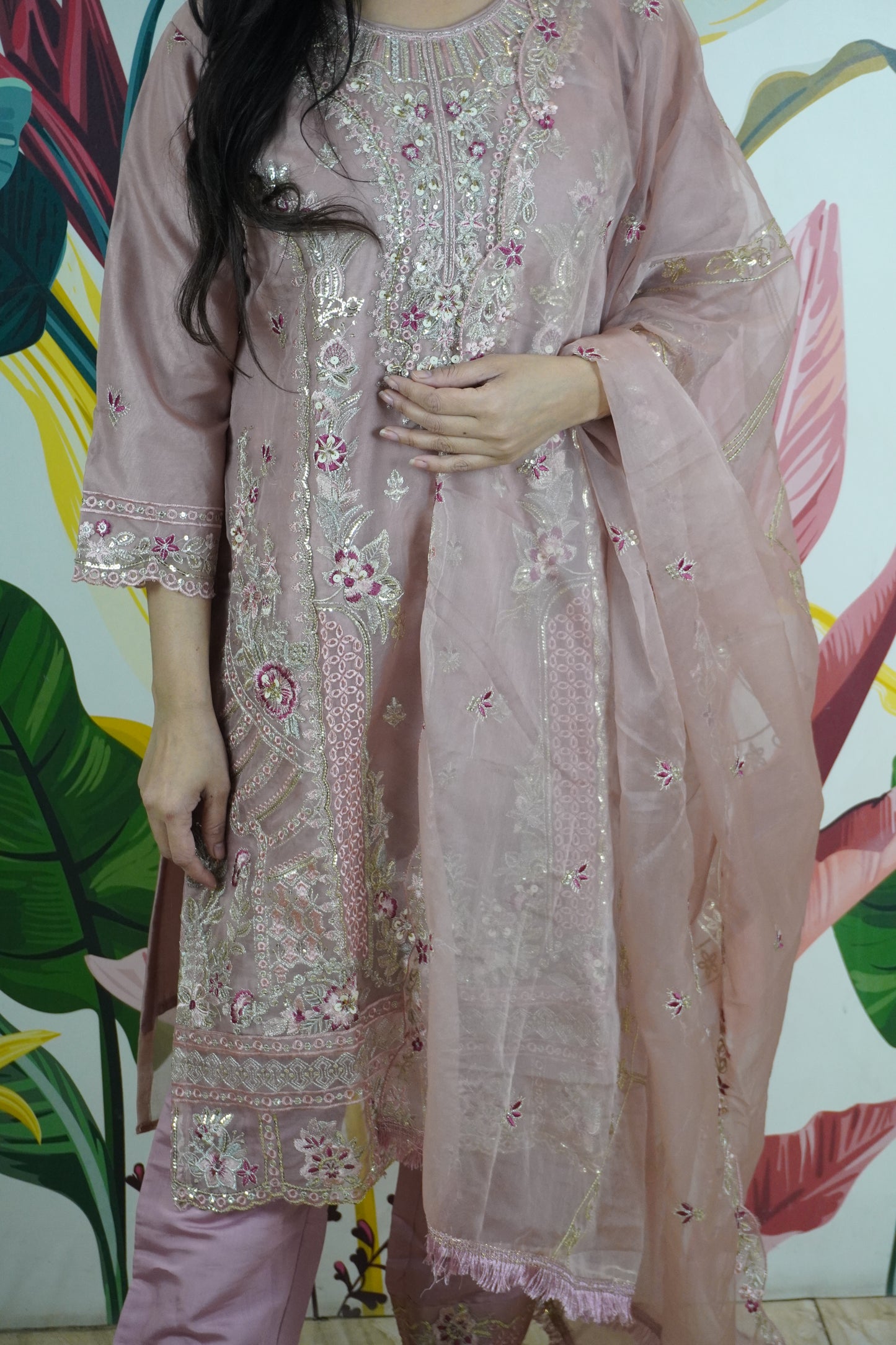 Mauve Colour Zari & sequence Work Pakistani Kurta Set with Pant & Dupatta